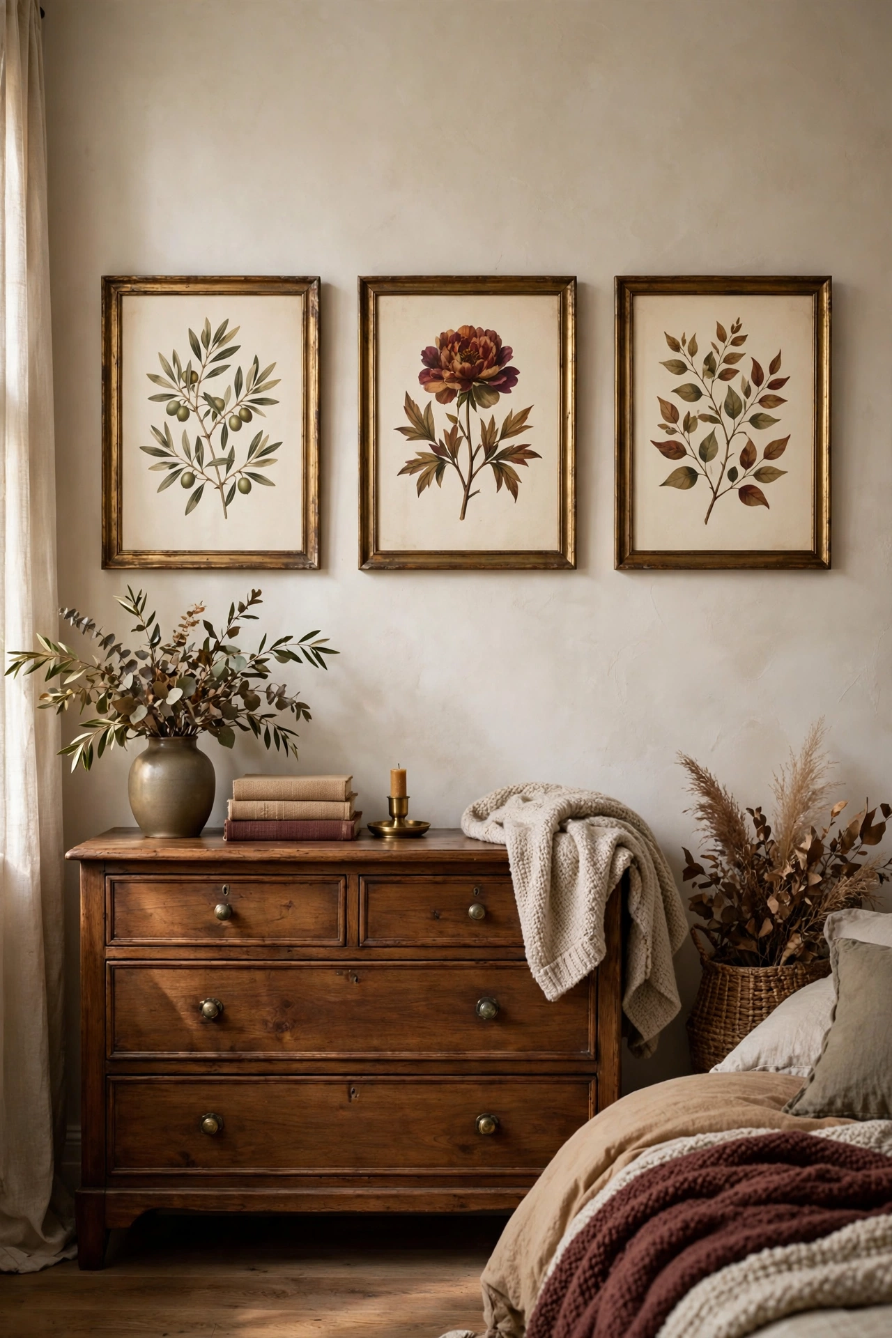 Framed vintage botanical prints in rust and olive tones hung above a wooden dresser.