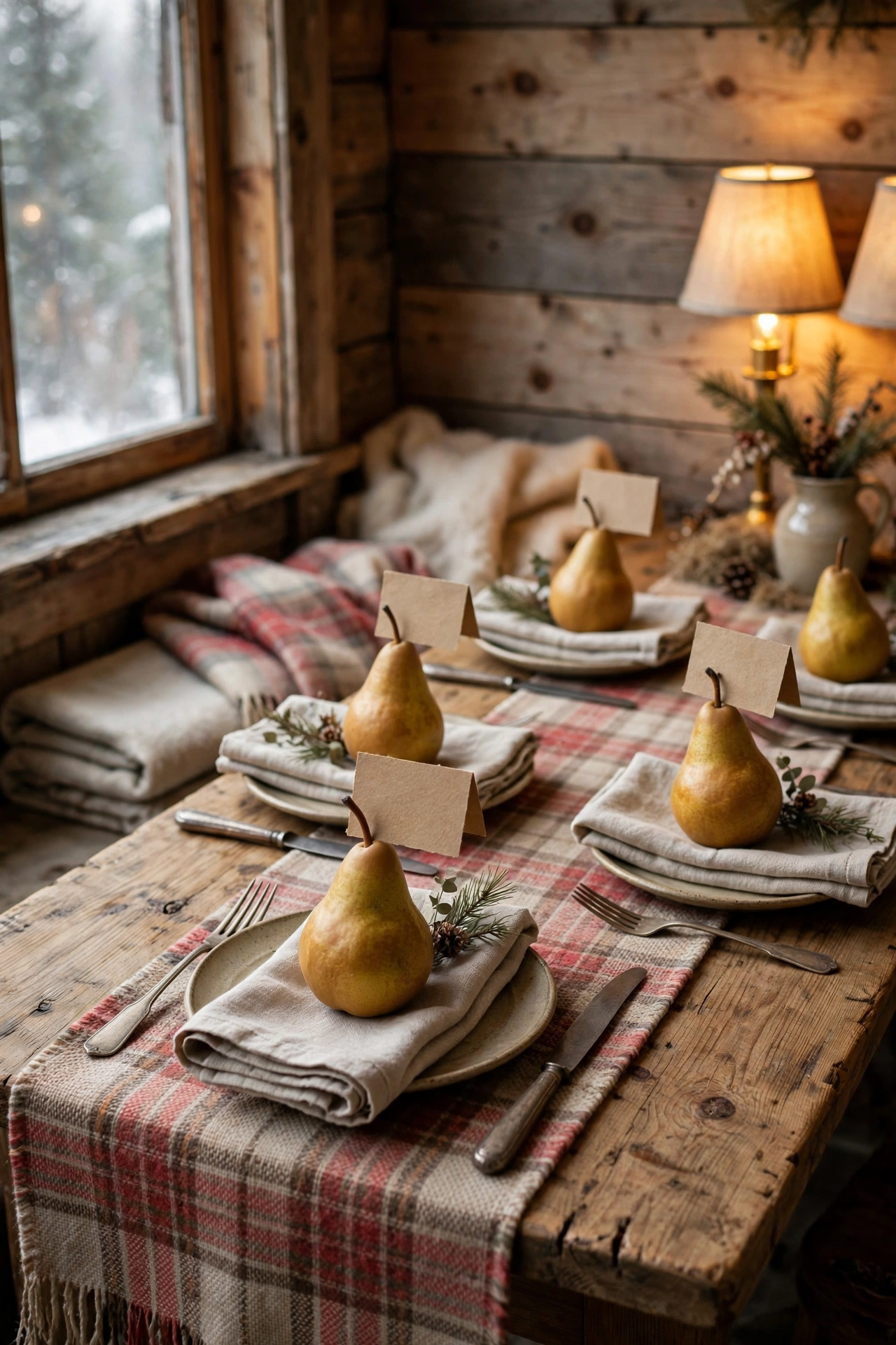 Rustic cabin dining nook with handwritten place cards tucked into pears at each table setting.