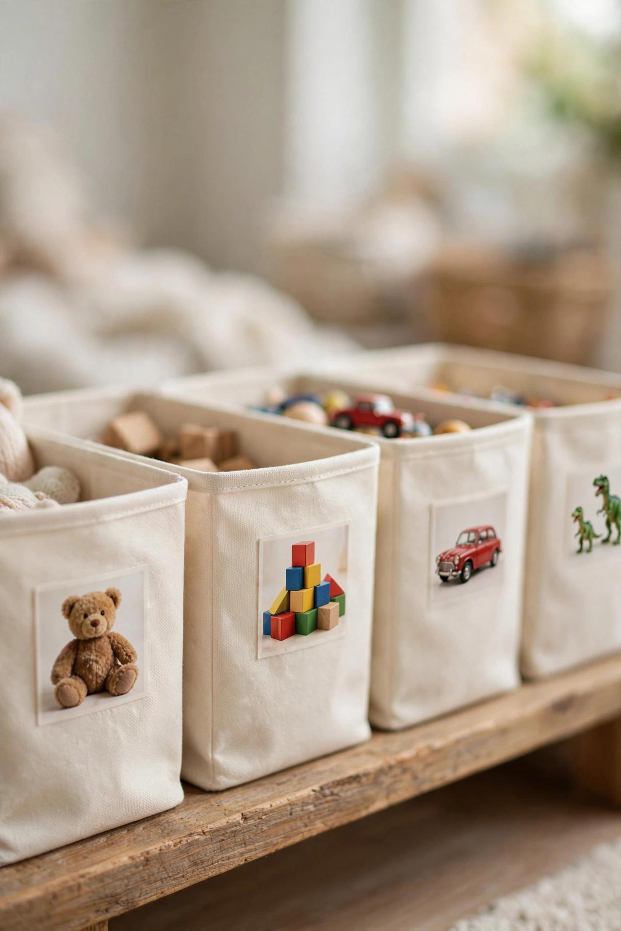Close-up of playroom storage bins with picture labels on a low wooden shelf.