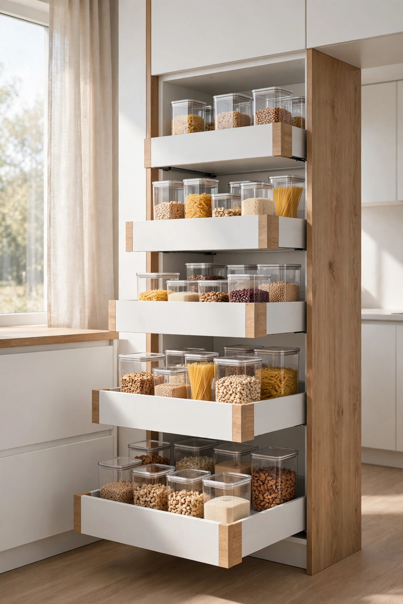 Deep pantry shelves fitted with pull out drawers bringing back items within reach
