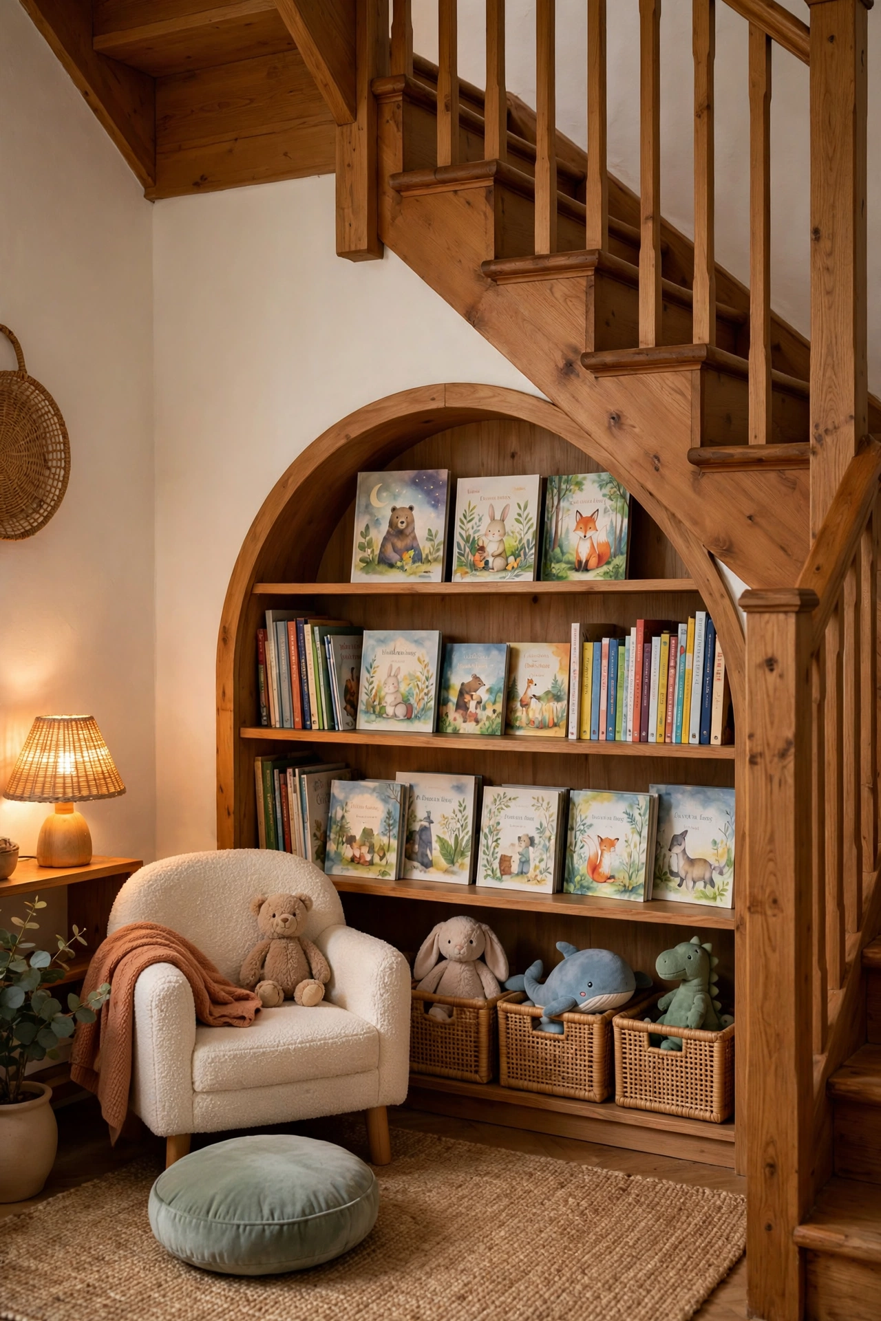 Reading nook under a staircase with a low arched bookshelf of picture books above and toy bins below.