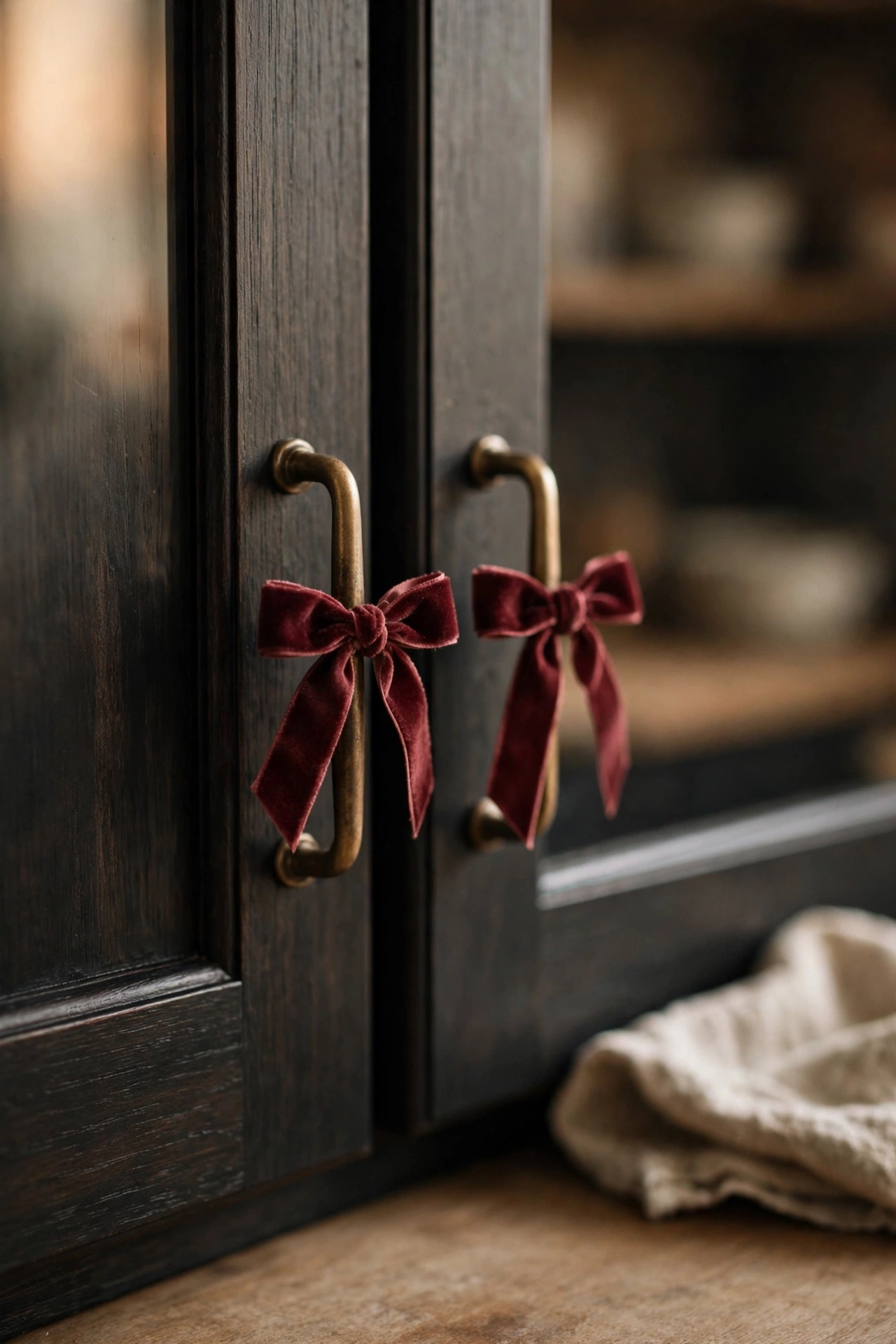 Small burgundy velvet ribbon bows tied around dark kitchen cabinet handles.