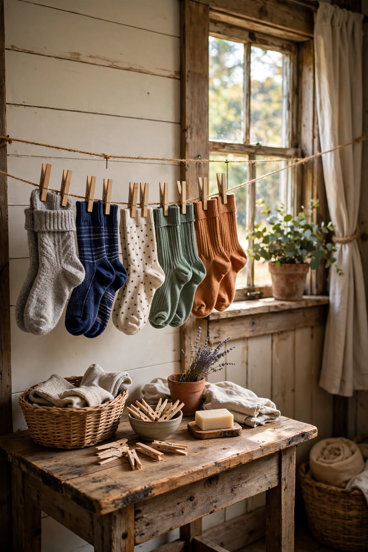 Sock matching station with a low bin, a flat tray, and folded pairs of socks on a laundry counter