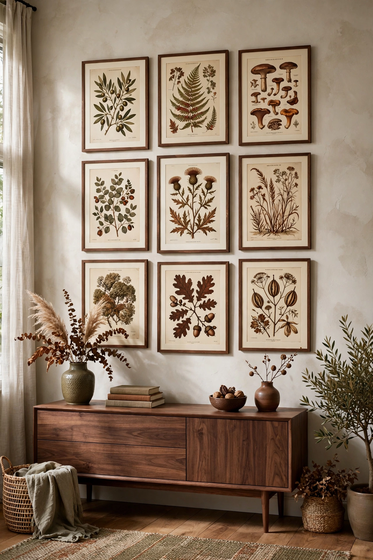 Gallery wall of vintage botanical prints in olive, rust, and chocolate in walnut frames above a console.