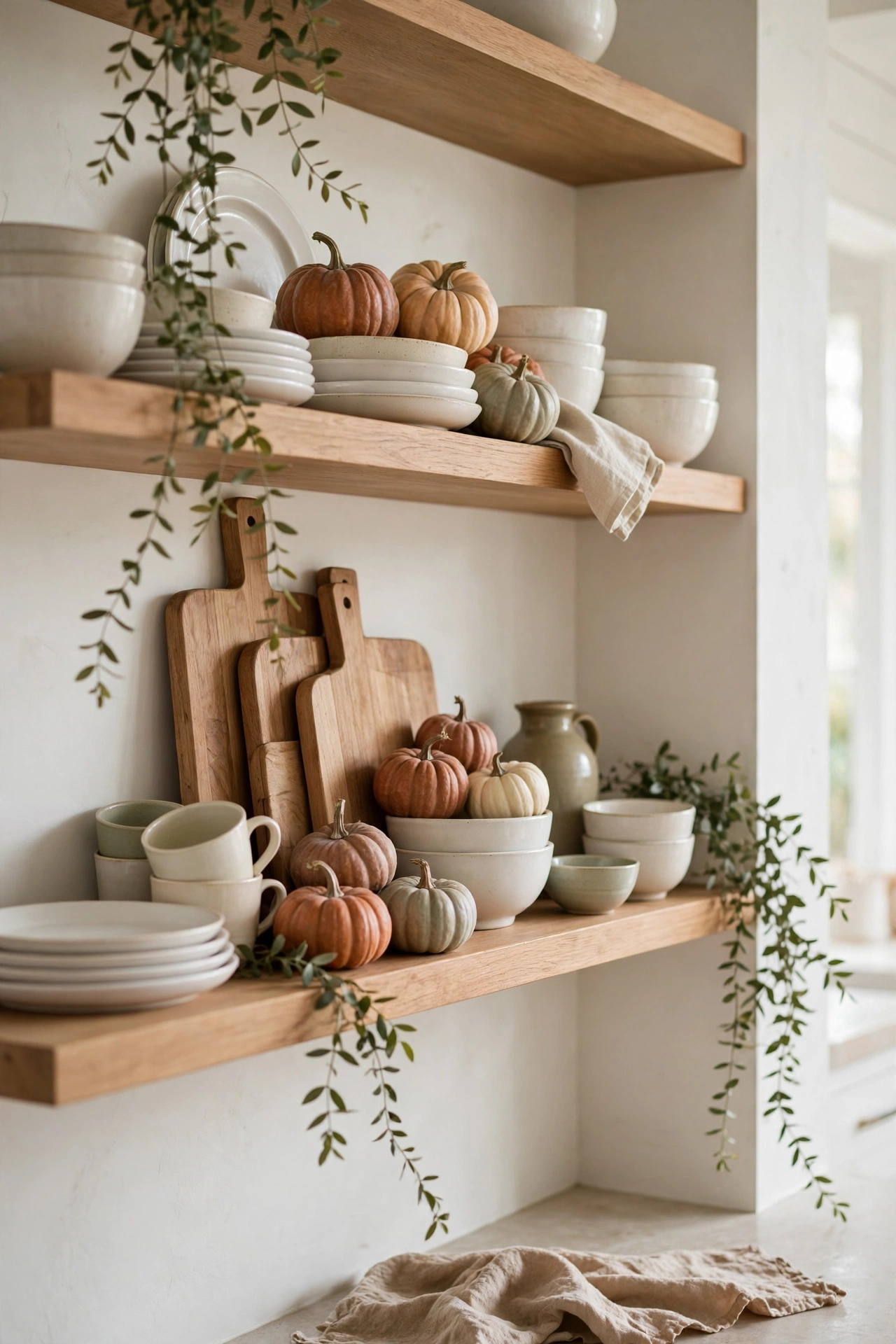 Mini pumpkins tucked into open kitchen shelves