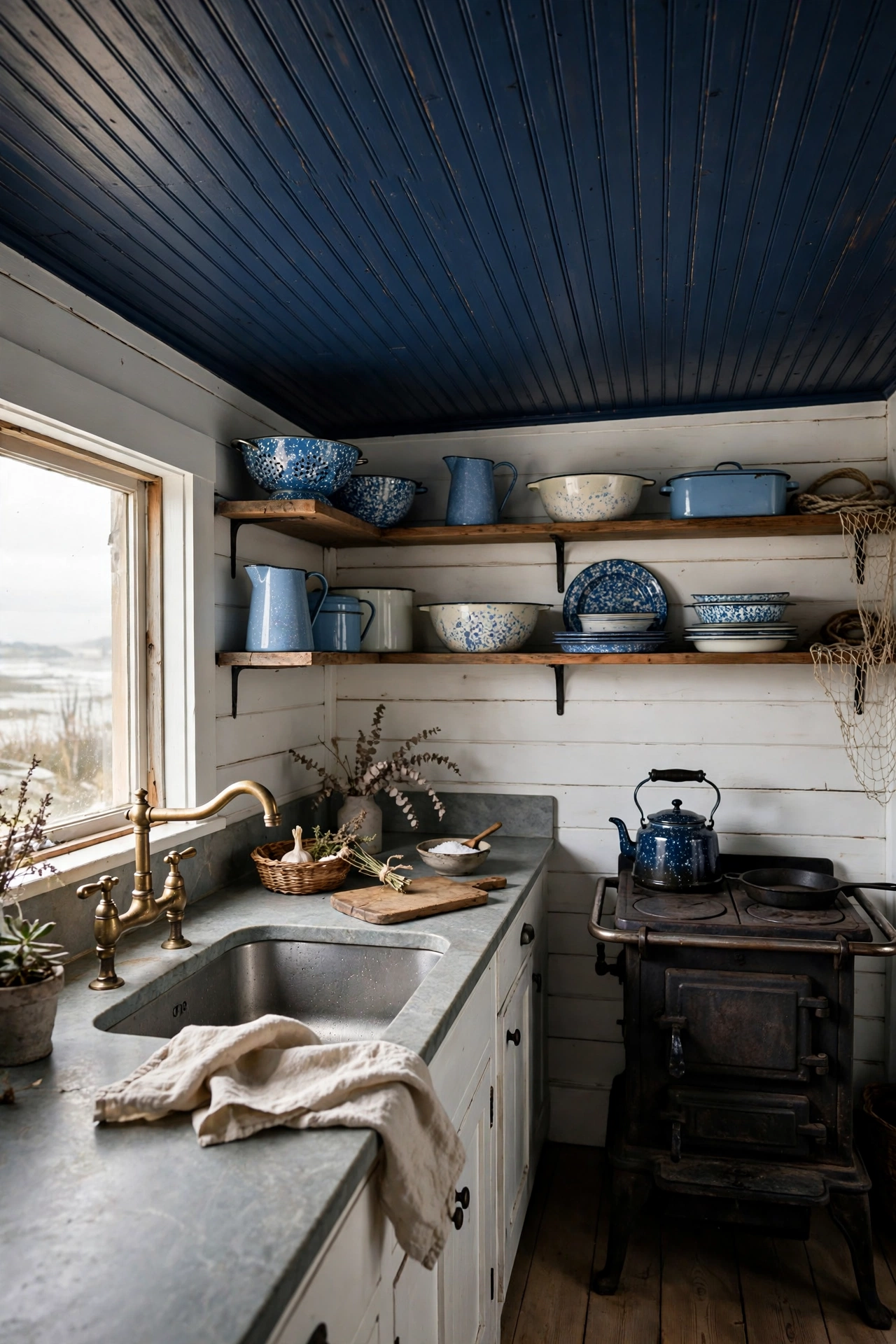 Fishermans cottage kitchen with navy beadboard ceiling, white plank walls and soapstone counters.