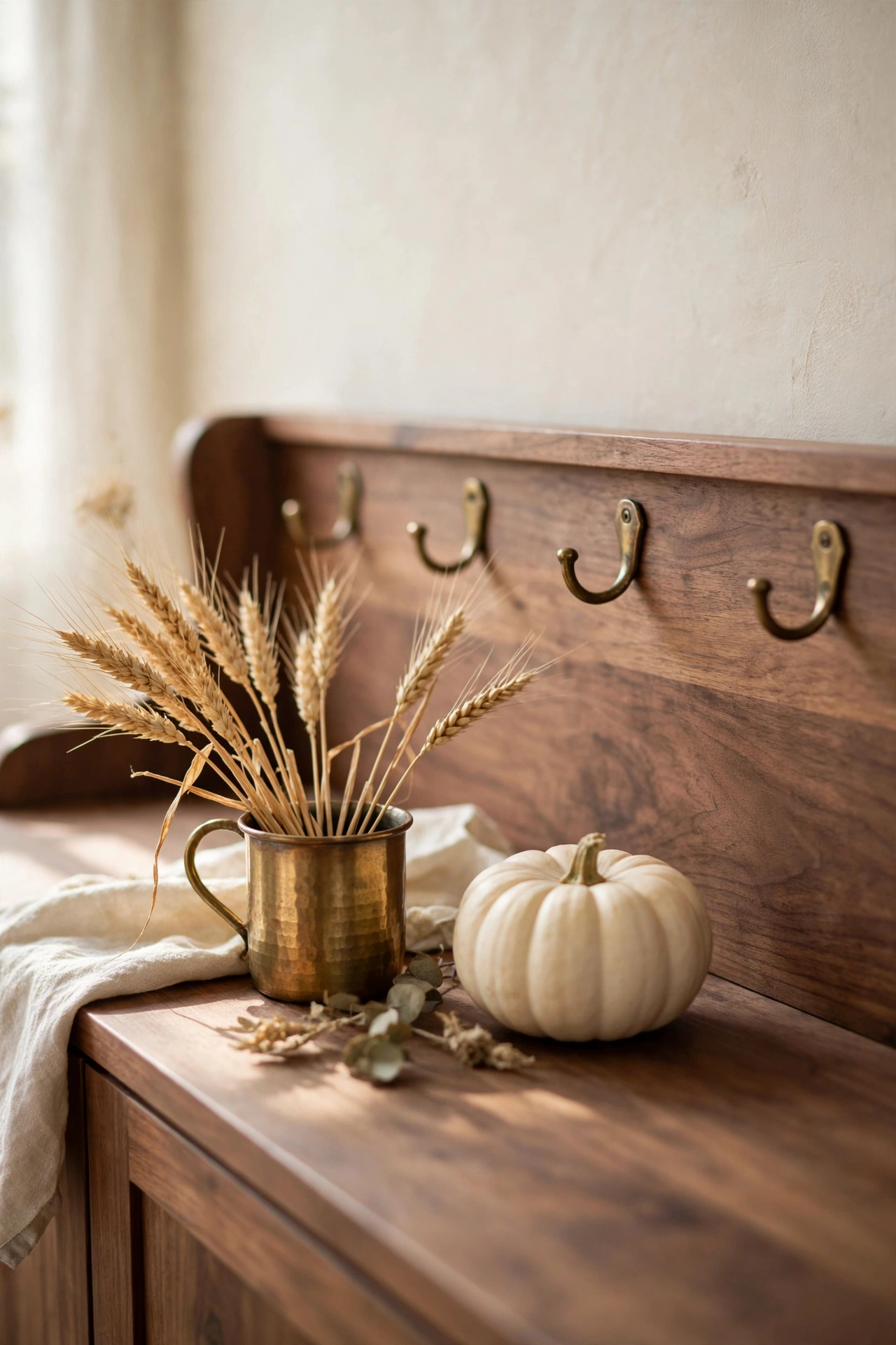 Dried wheat stems in a small brass cup beside a little white pumpkin on a coffee bar.