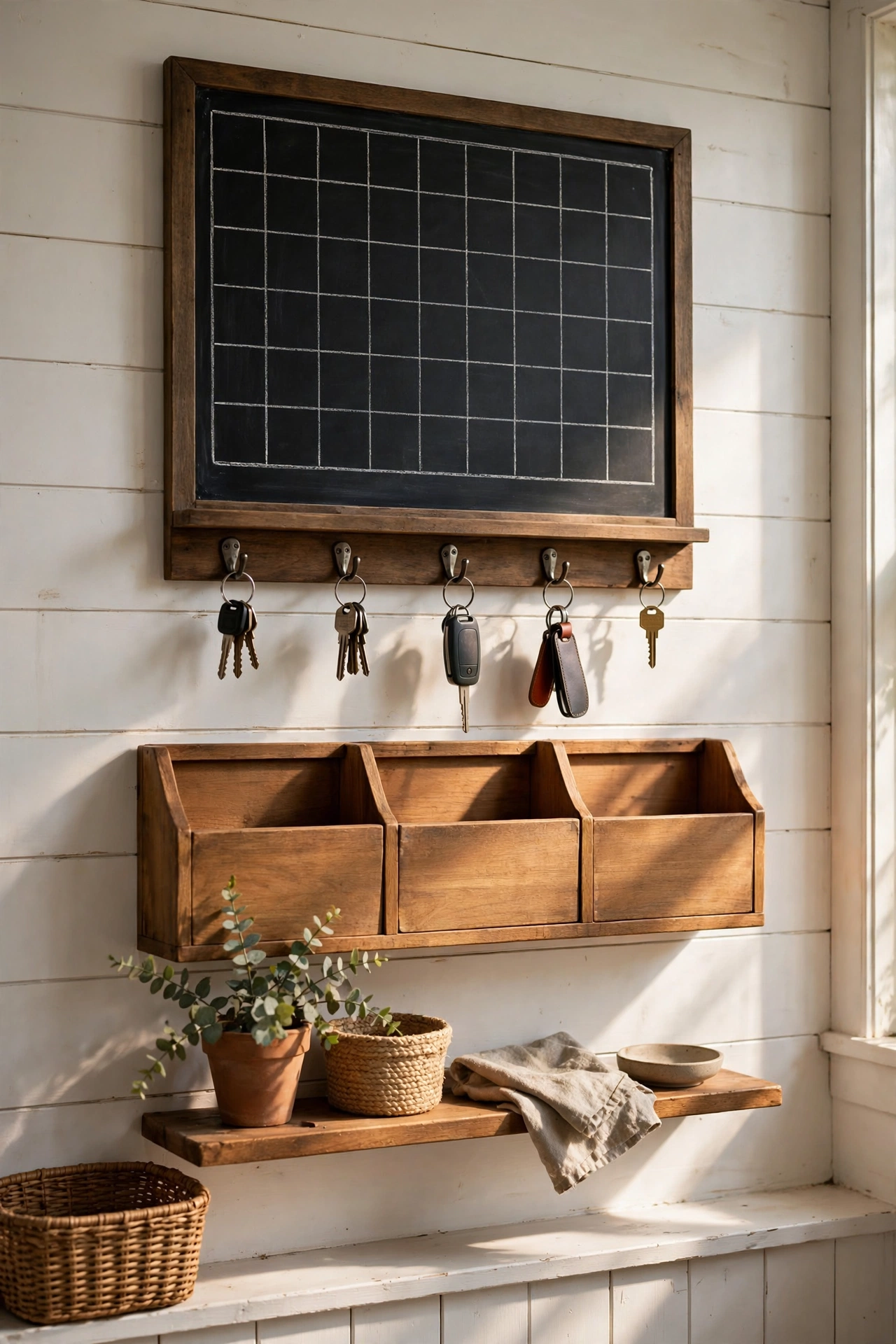 Mudroom wall command center with a chalkboard calendar, hooks for keys, and mail slots