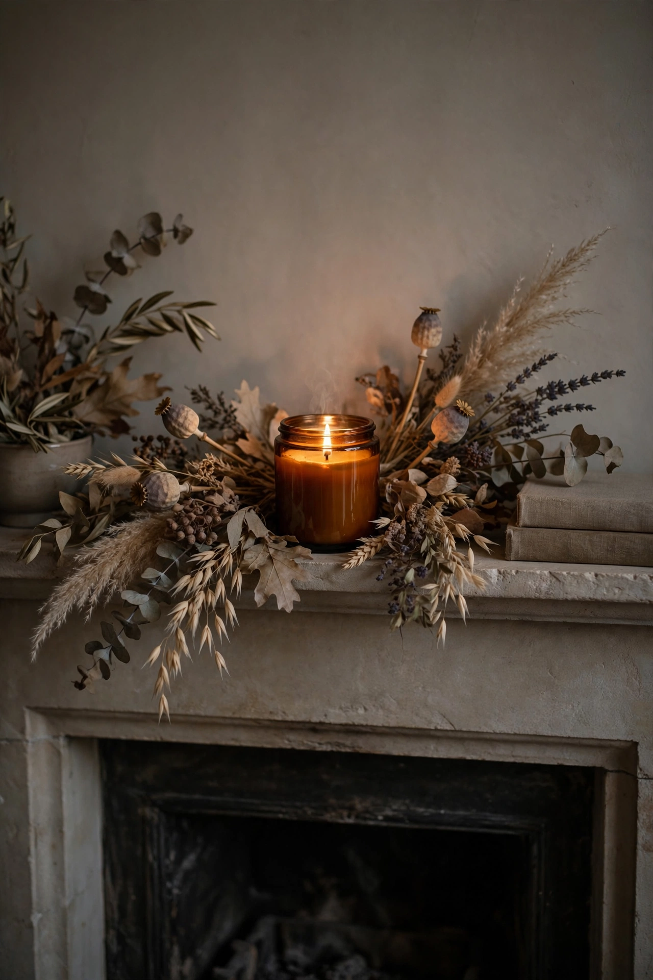Large lit jar candle in an autumn scent on a fall mantel with a warm cozy glow.