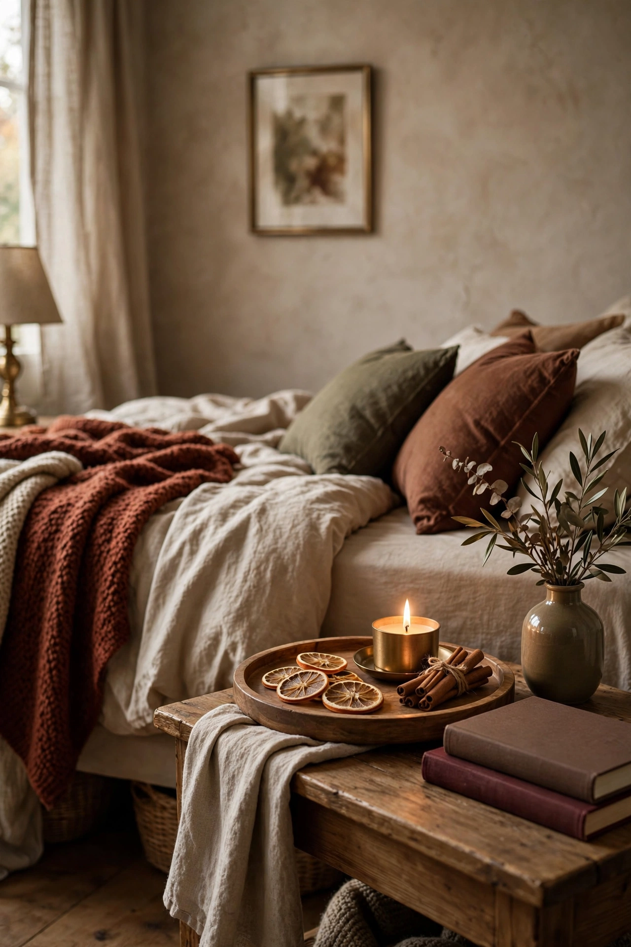 Wooden tray with a lit candle, dried orange slices, and cinnamon sticks on a bedside table.