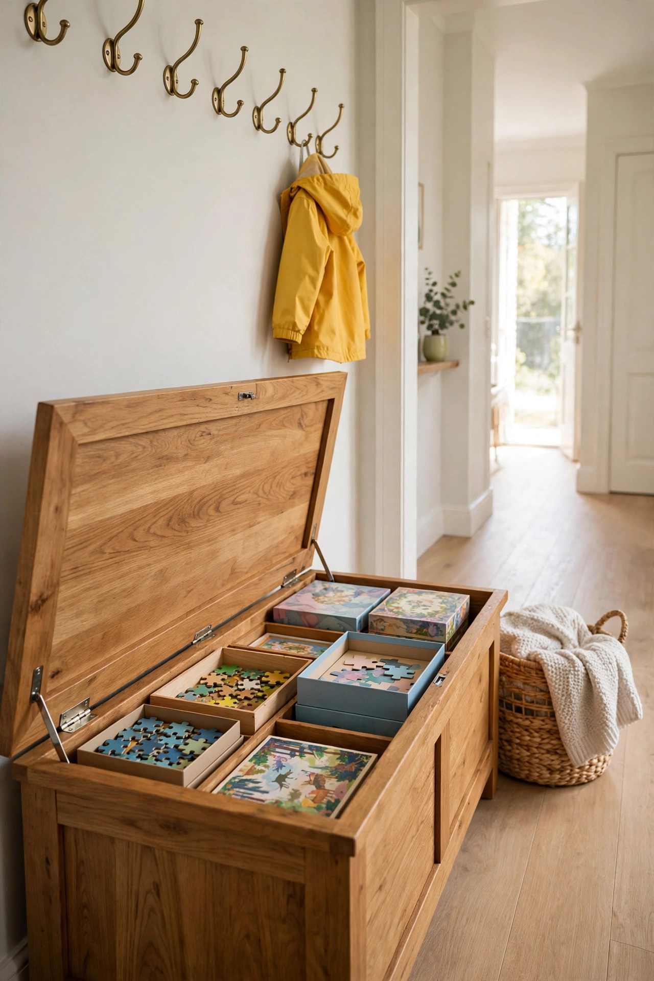Hallway with a wooden storage bench with the lift up seat open showing board games and puzzles stored inside.