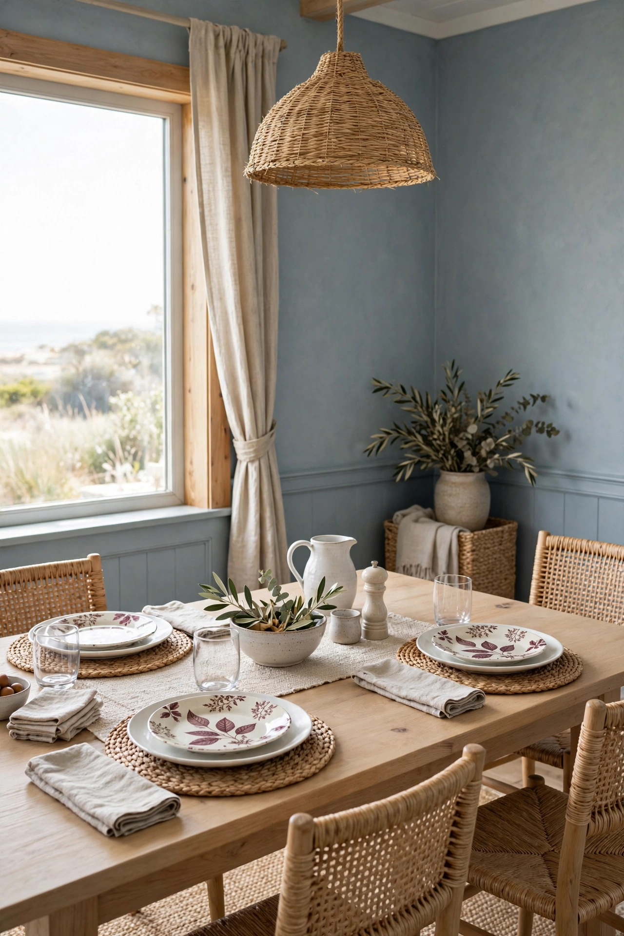 Coastal dining room table with layered place settings and patterned salad plates over white dinner plates.