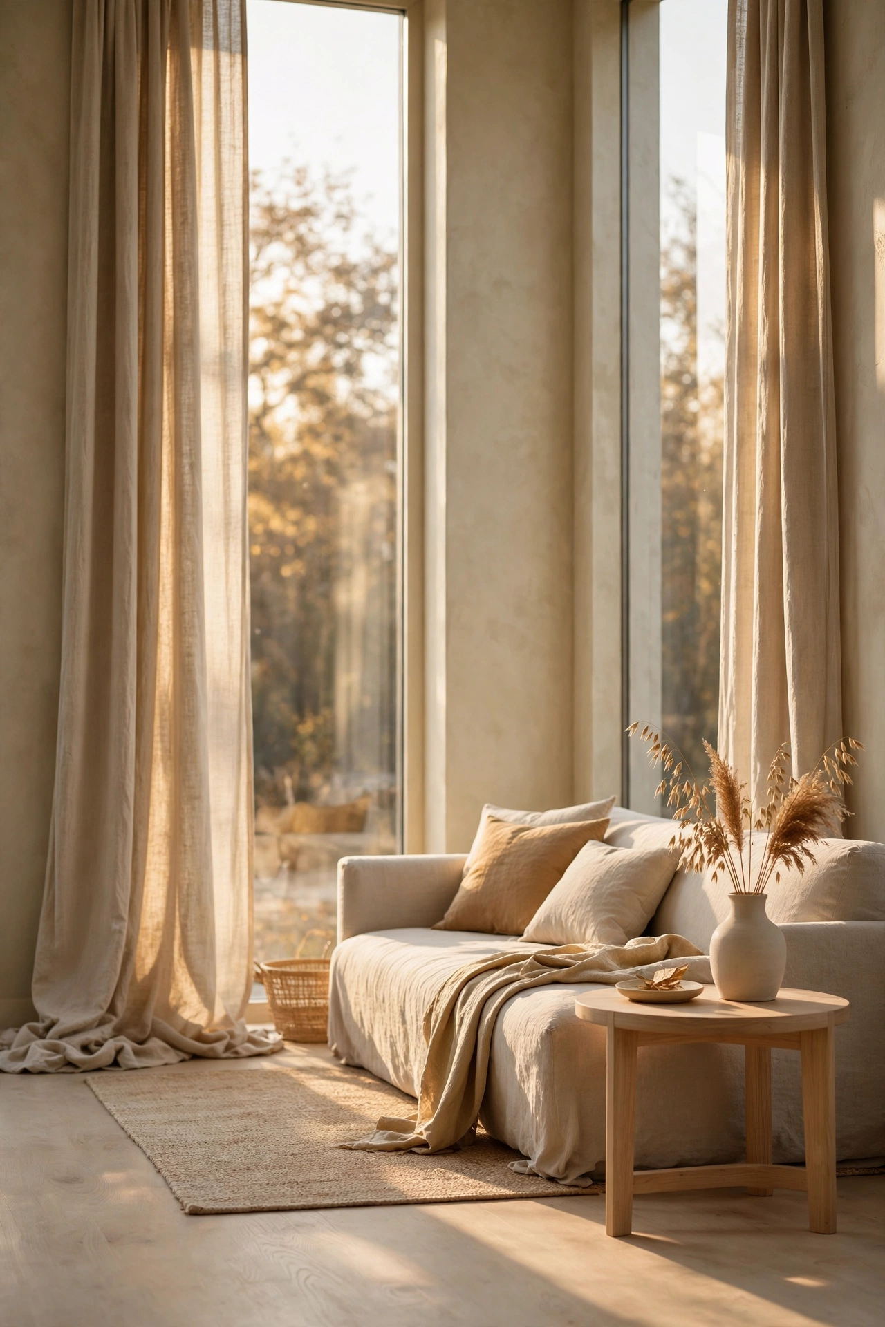 Tall windows framed by floor length warm oatmeal linen curtains in golden afternoon light.