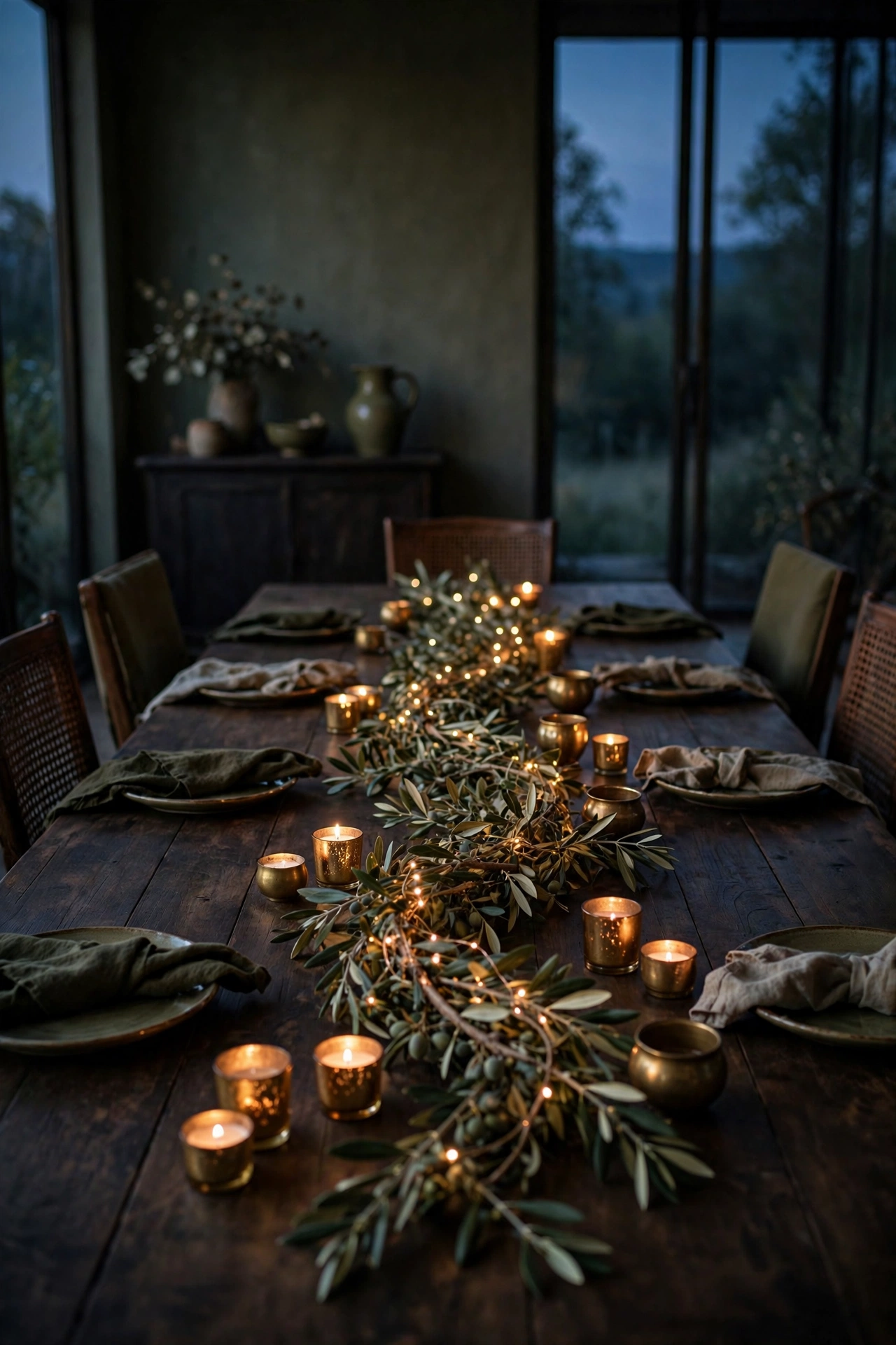 Moody evening dining room with an olive branch garland woven with warm fairy lights as the Thanksgiving centerpiece.