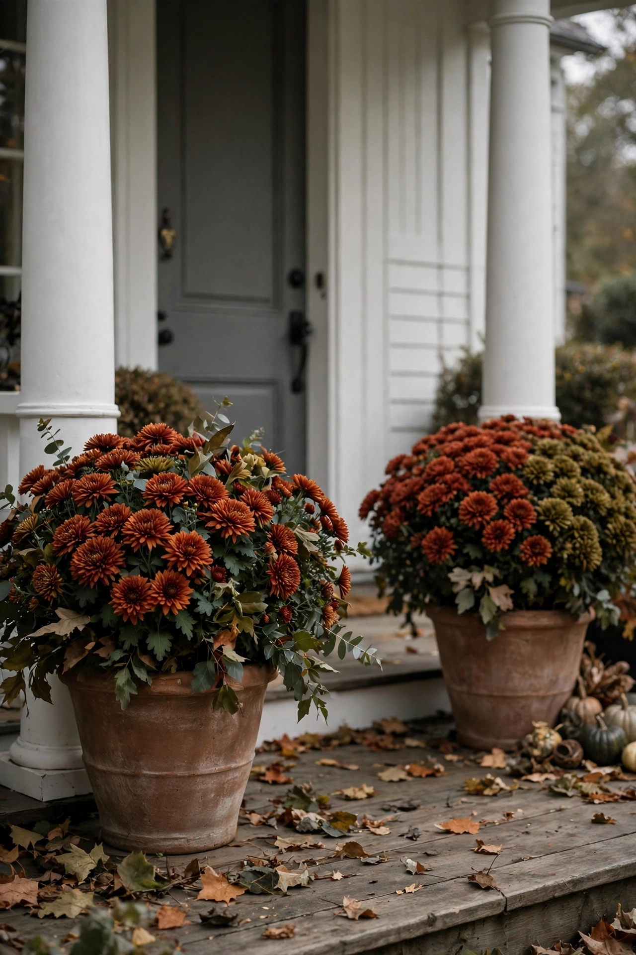 White porch columns flanked by large pots of mums in deep rust and olive green.