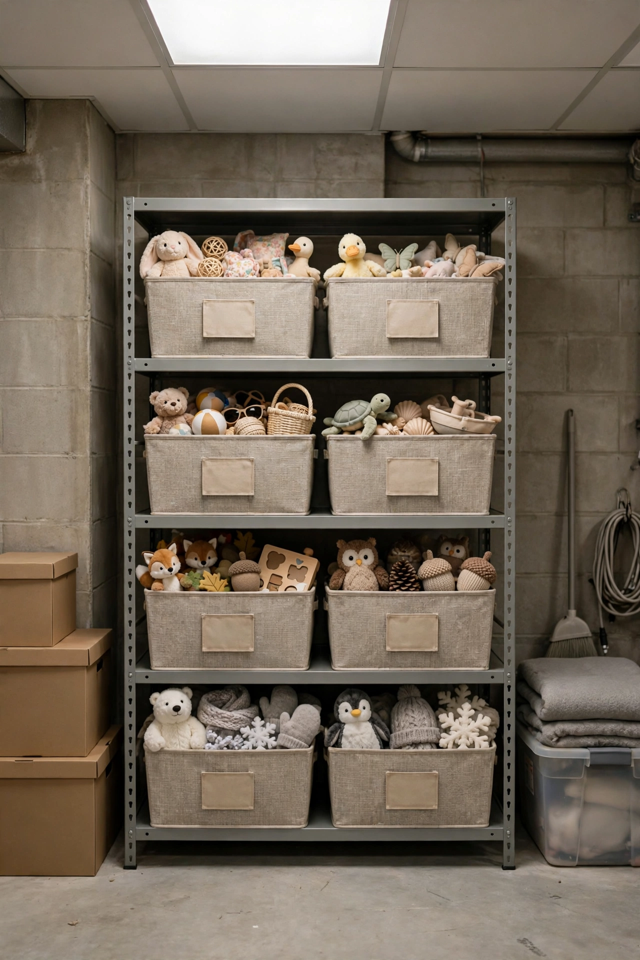 Basement storage room with metal shelving of labeled seasonal toy swap bins.