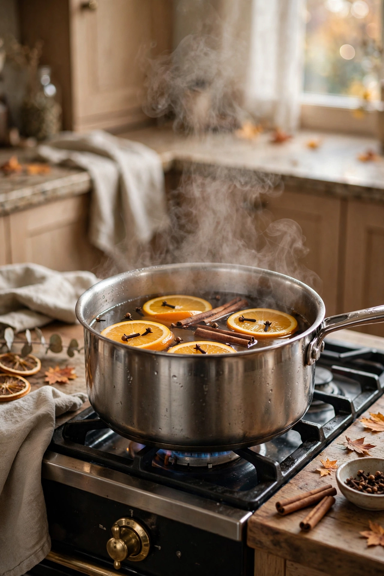 Simmer pot of orange slices, cloves and cinnamon sticks steaming on a stove.