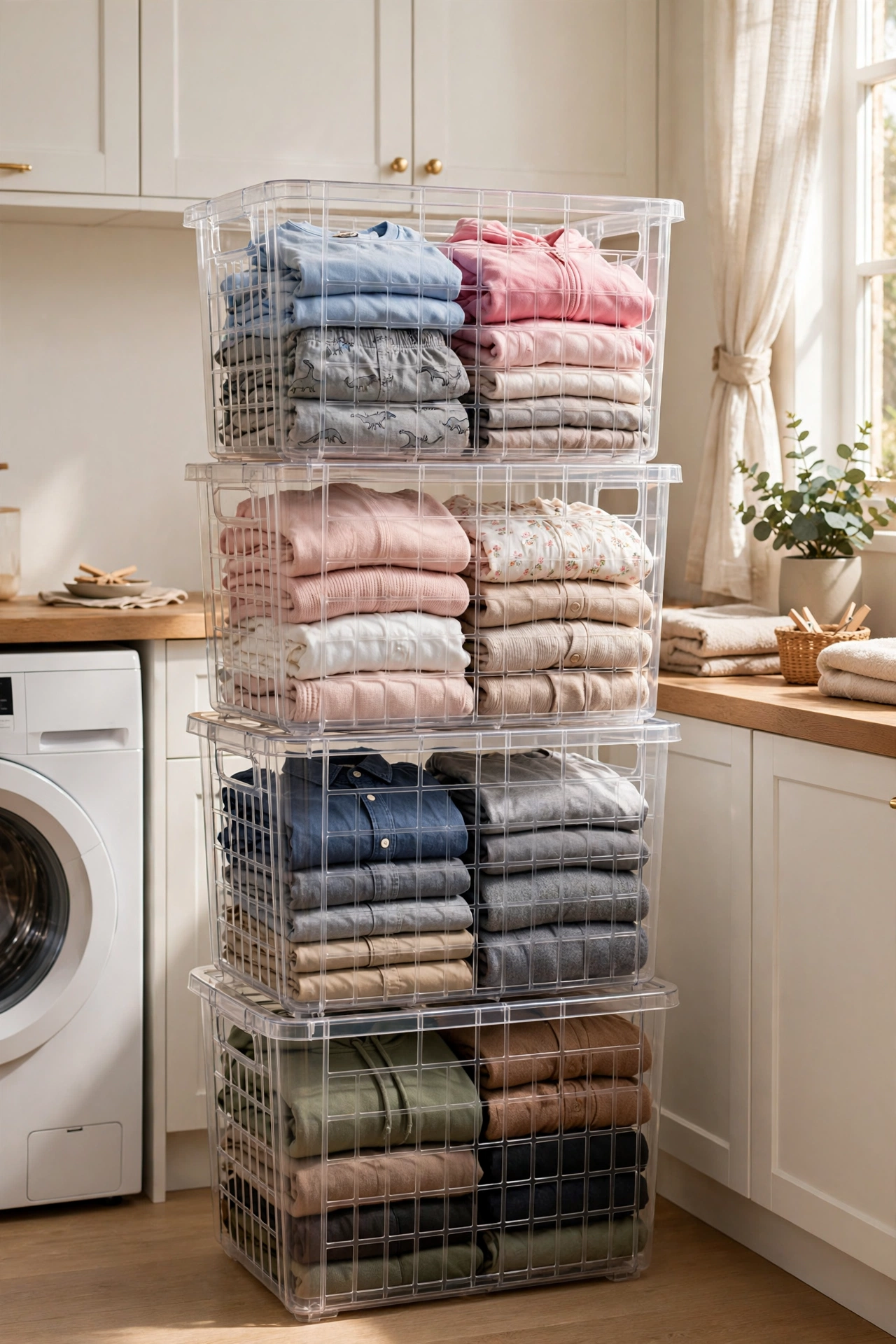 Stack of three square laundry baskets holding sorted clean clothes on a laundry room shelf