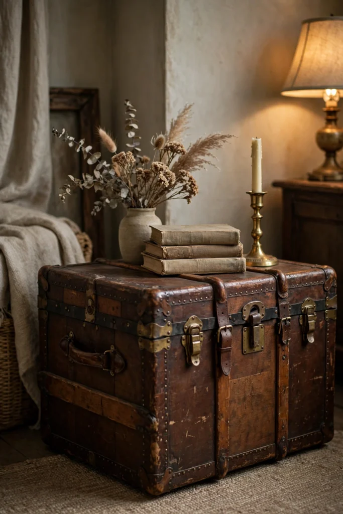 Old steamer trunk styled as a side table with a stack of books and a brass lamp.