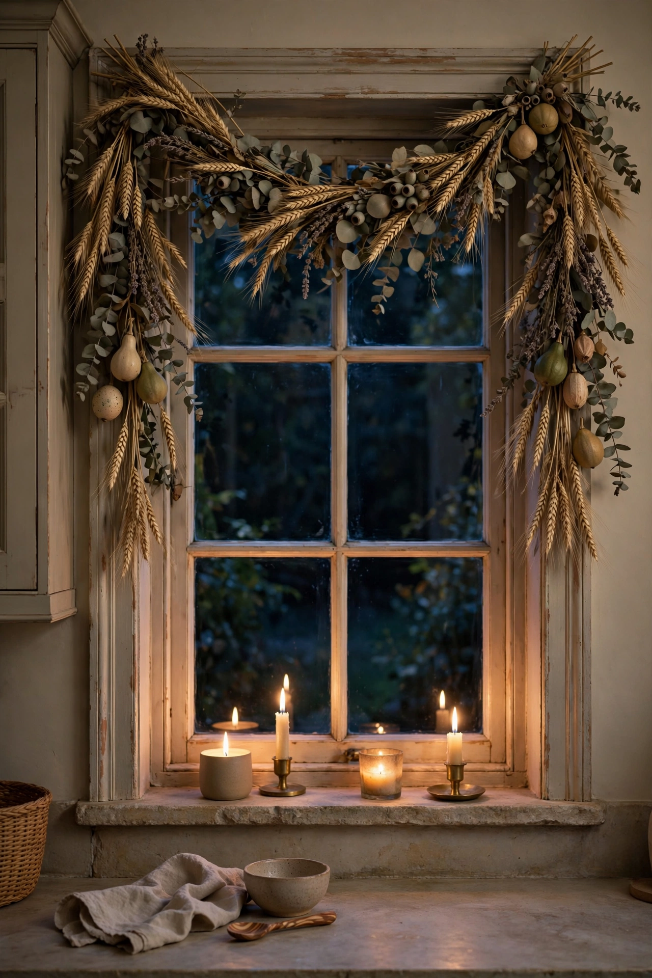 A dried garland of wheat, eucalyptus and mini gourds draped across the top of a kitchen window.