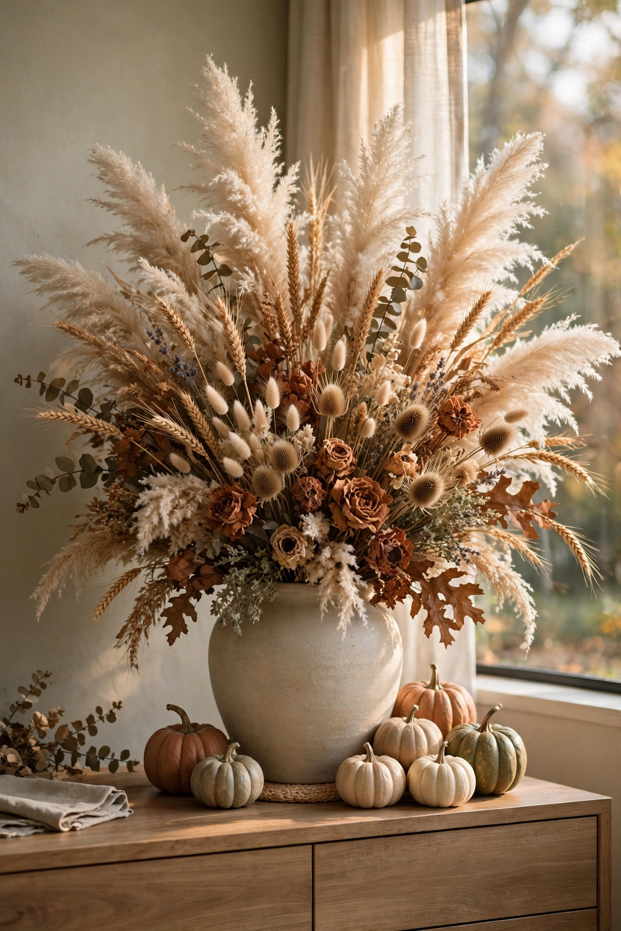 Dried floral arrangement with pumpkins clustered at its base