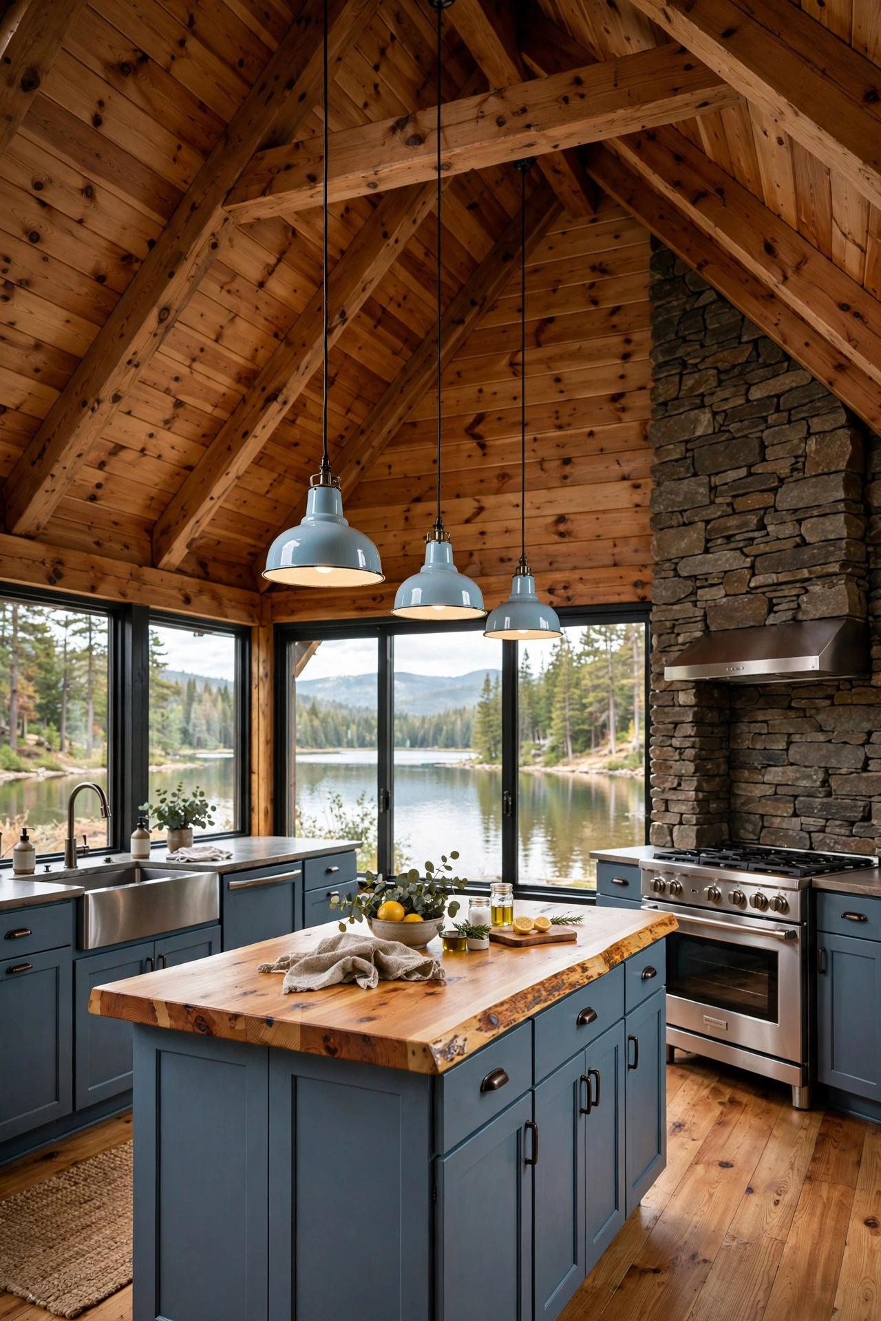 Lakeside cabin kitchen with knotty pine vaulted ceiling, slate blue cabinets and stacked stone fireplace.