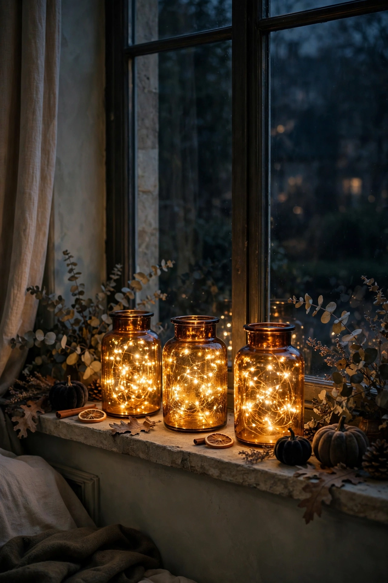 Amber glass jars glowing with warm fairy lights along a windowsill at dusk.