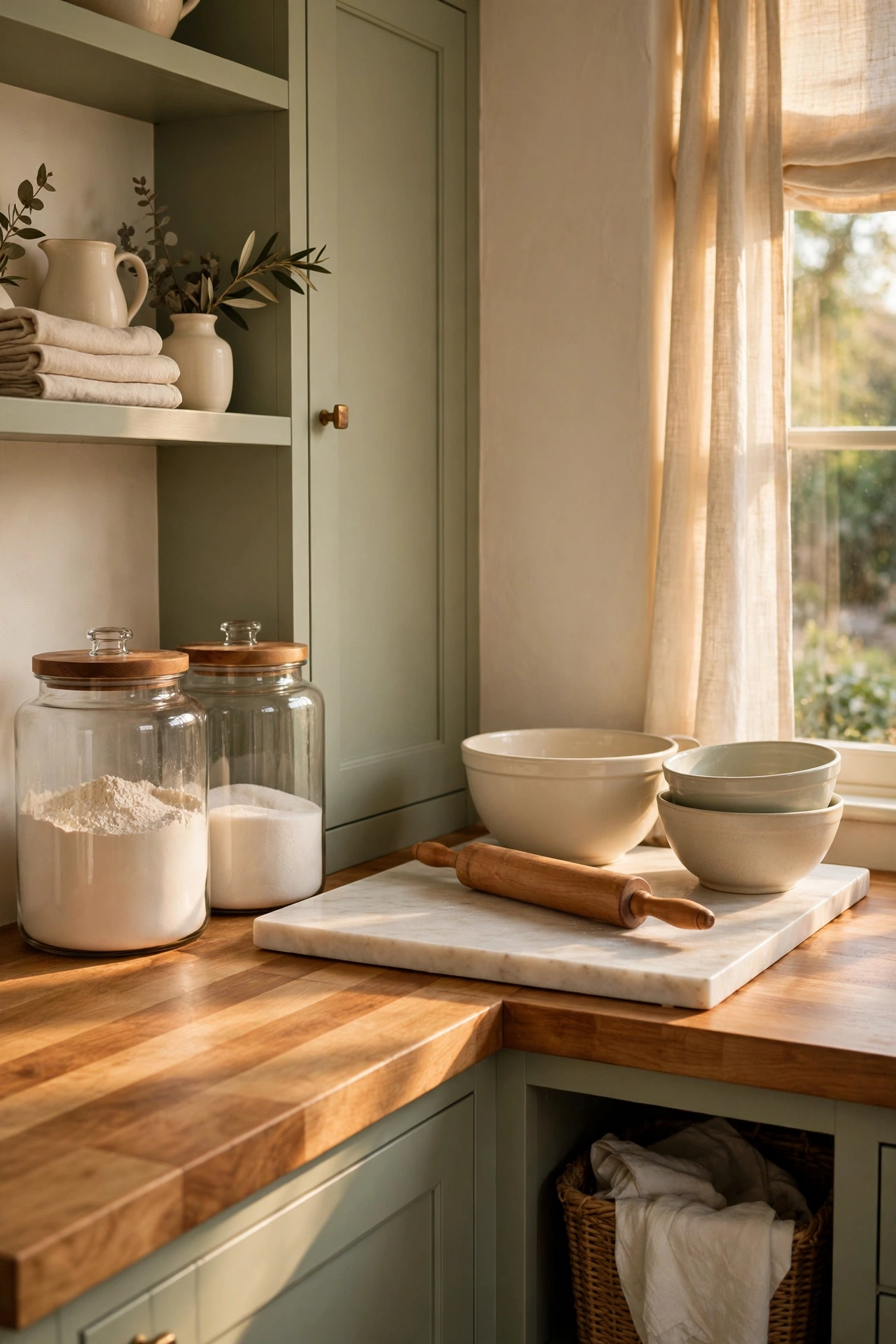 Deep handled tote on a pantry shelf gathering all baking supplies in one spot