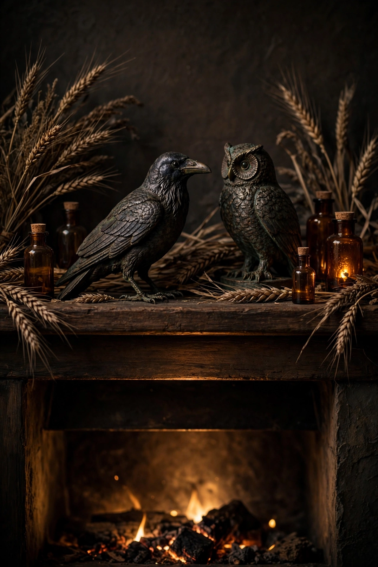 Thrifted brass crow and owl figurines perched on a mantel among dried eucalyptus.