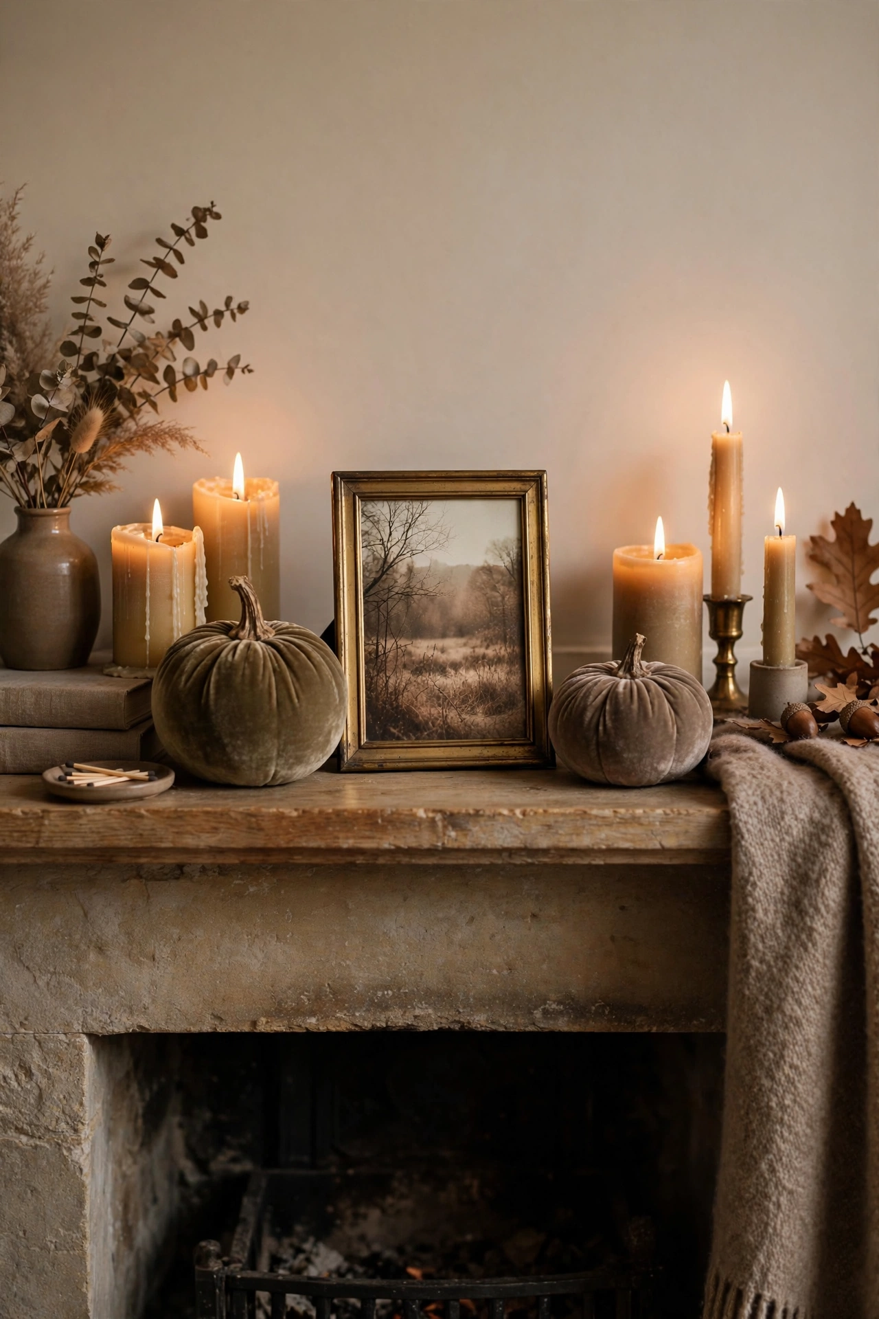 Small brass framed family photo tucked between candles on a styled fall mantel.