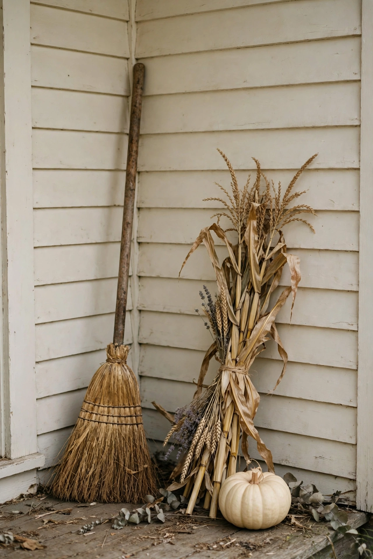 Entry corner with a vintage style broom leaning by the wall beside bundled dried corn stalks tied with twine.