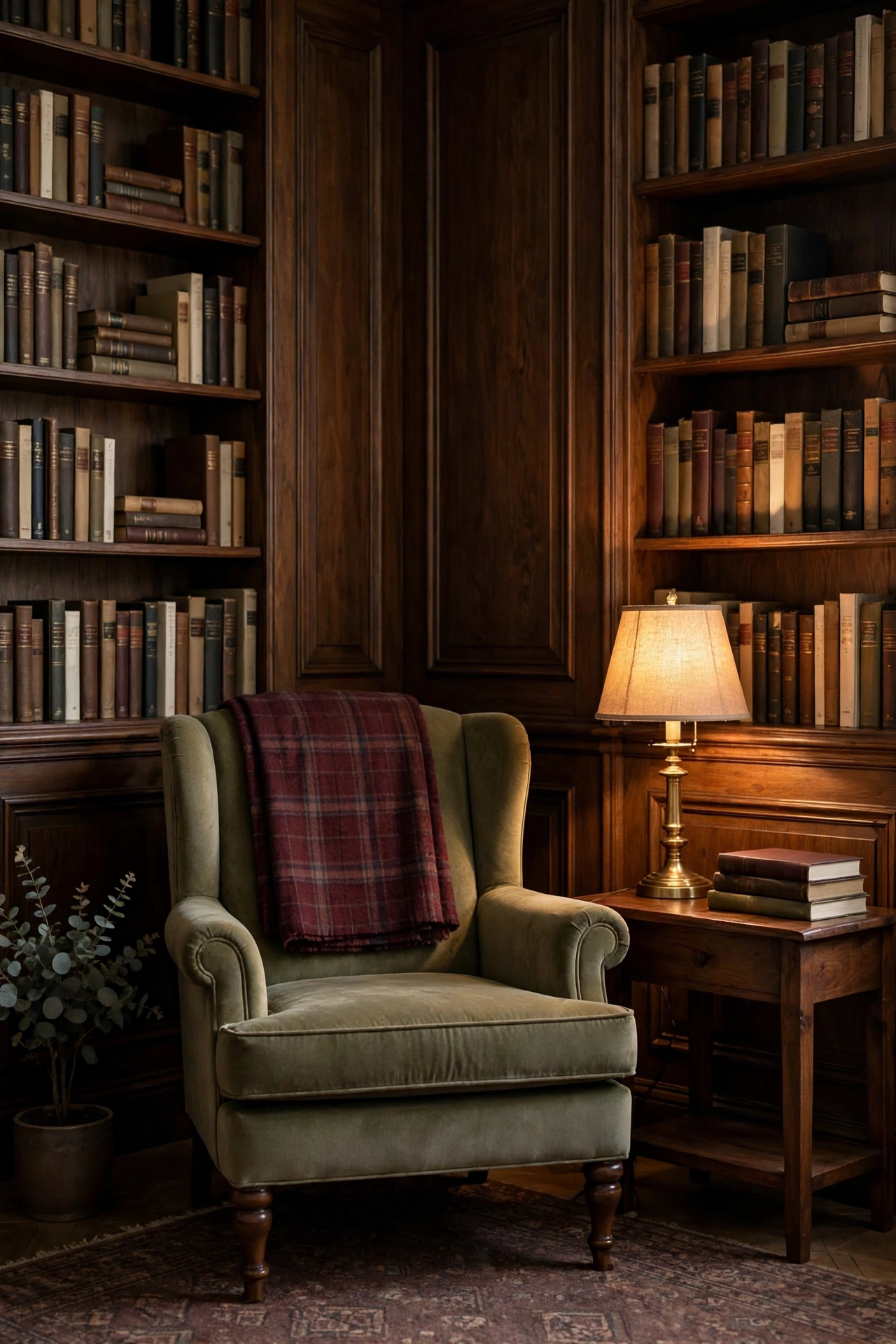 Burgundy plaid wool throw folded over an armchair in a paneled library corner with a glowing brass lamp.