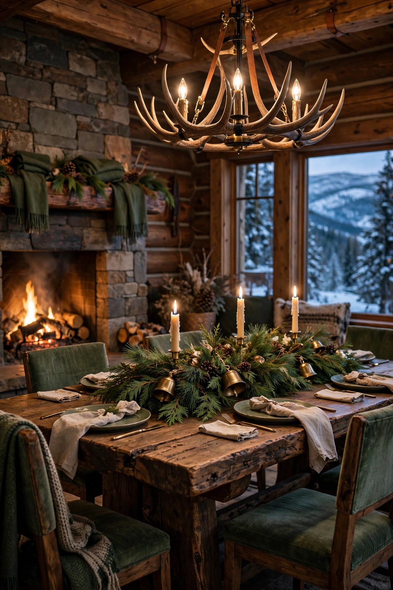 Cozy lodge dining room with a cedar garland dotted with small brass bells as the Thanksgiving centerpiece.