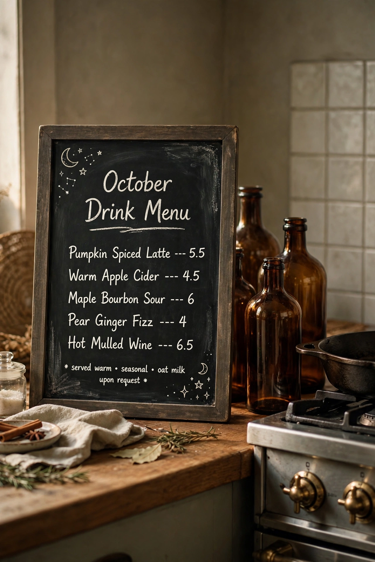 A small chalkboard beside the stove with a handwritten October drink menu and little stars.