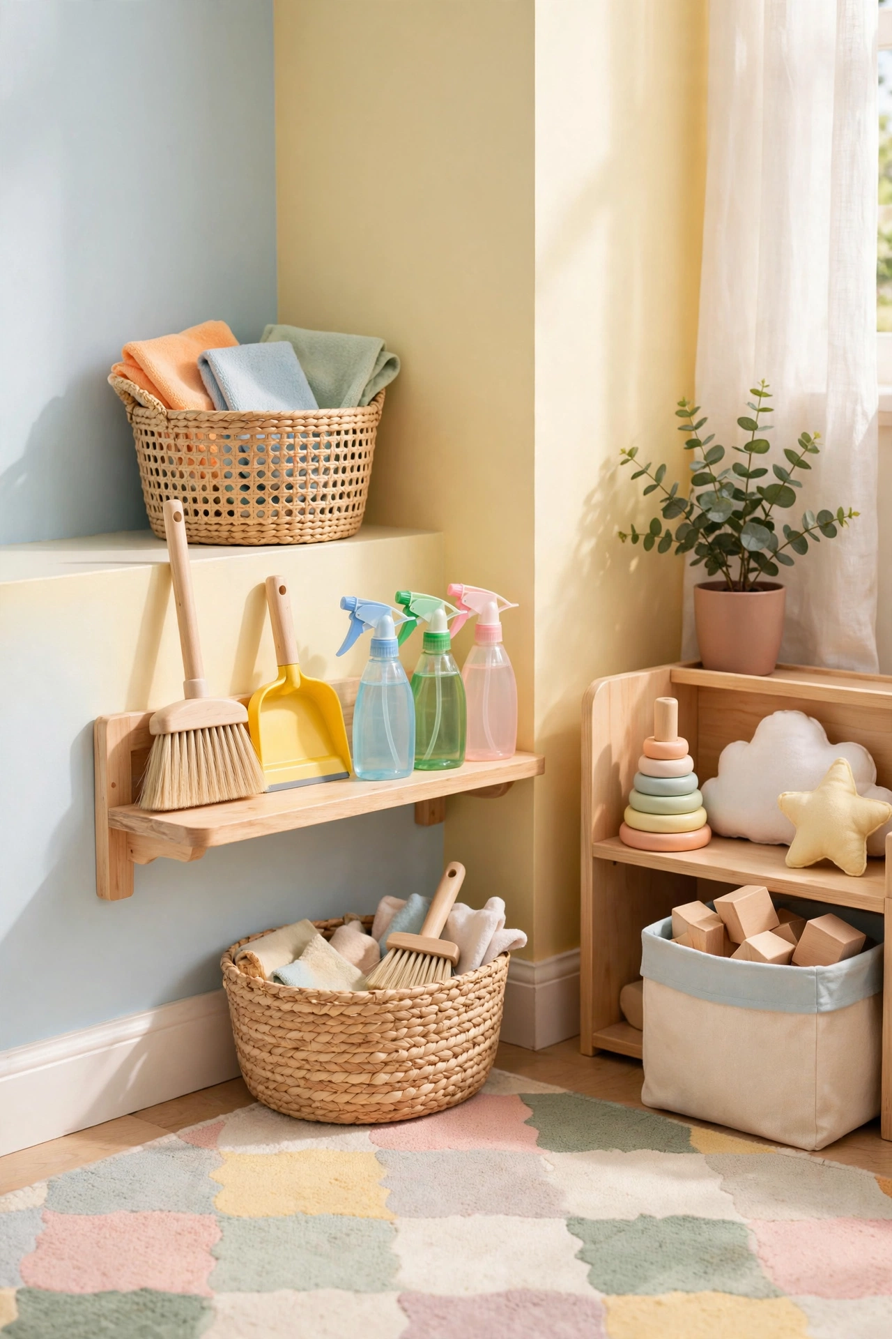Playroom corner with a kid-sized cleanup caddy station at child height.