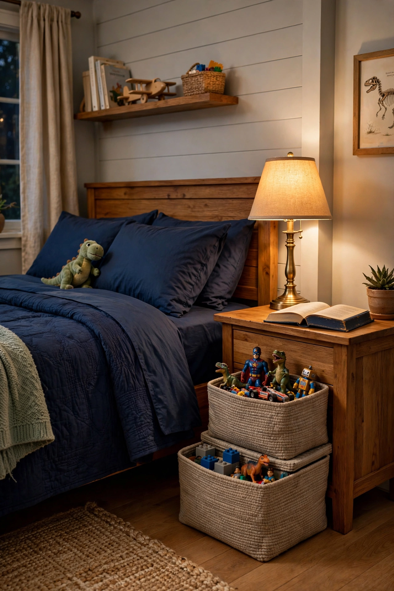 Boys bedroom with a wooden nightstand holding stacked fabric baskets of action figures and small toys.