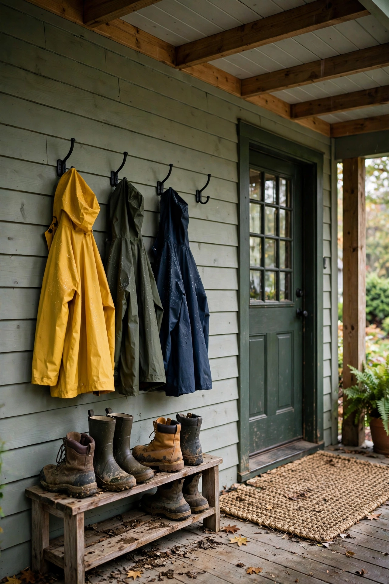 Covered porch entry with outdoor gear storage, raincoat hooks, and a muddy boot shelf