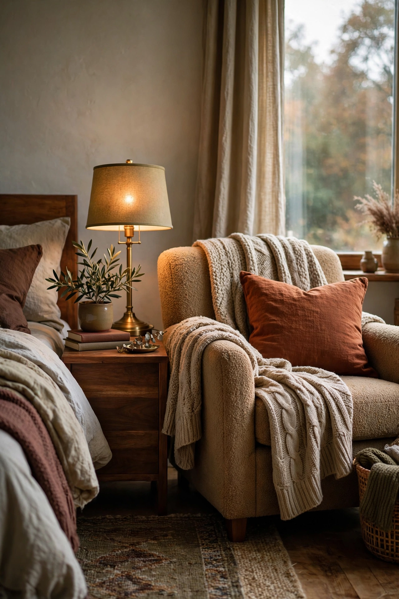 Cozy armchair with knit throw and rust pillow by a window, beside a warm reading lamp.