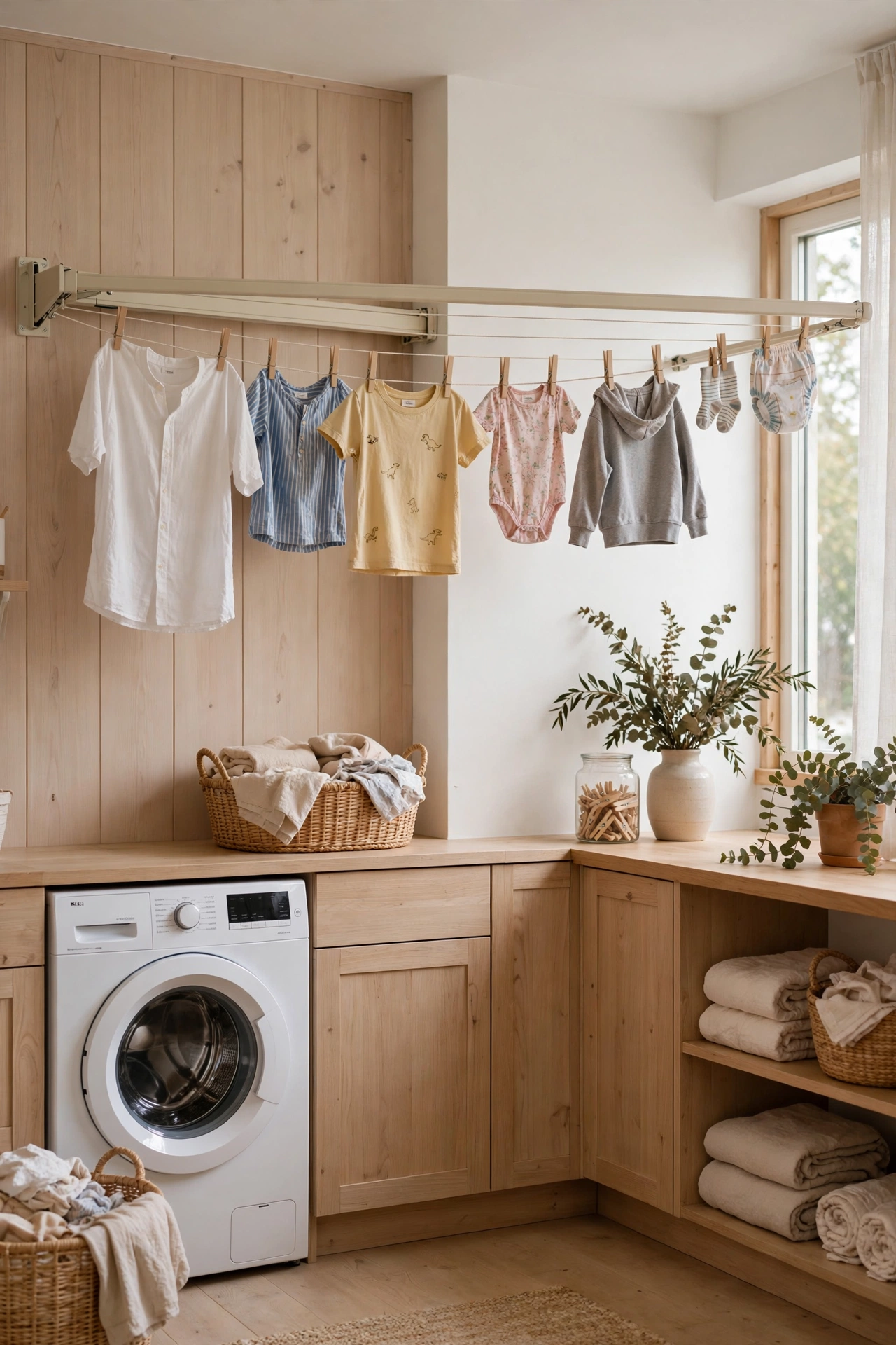 Retractable clothesline extended across a bright laundry room holding damp shirts on hangers