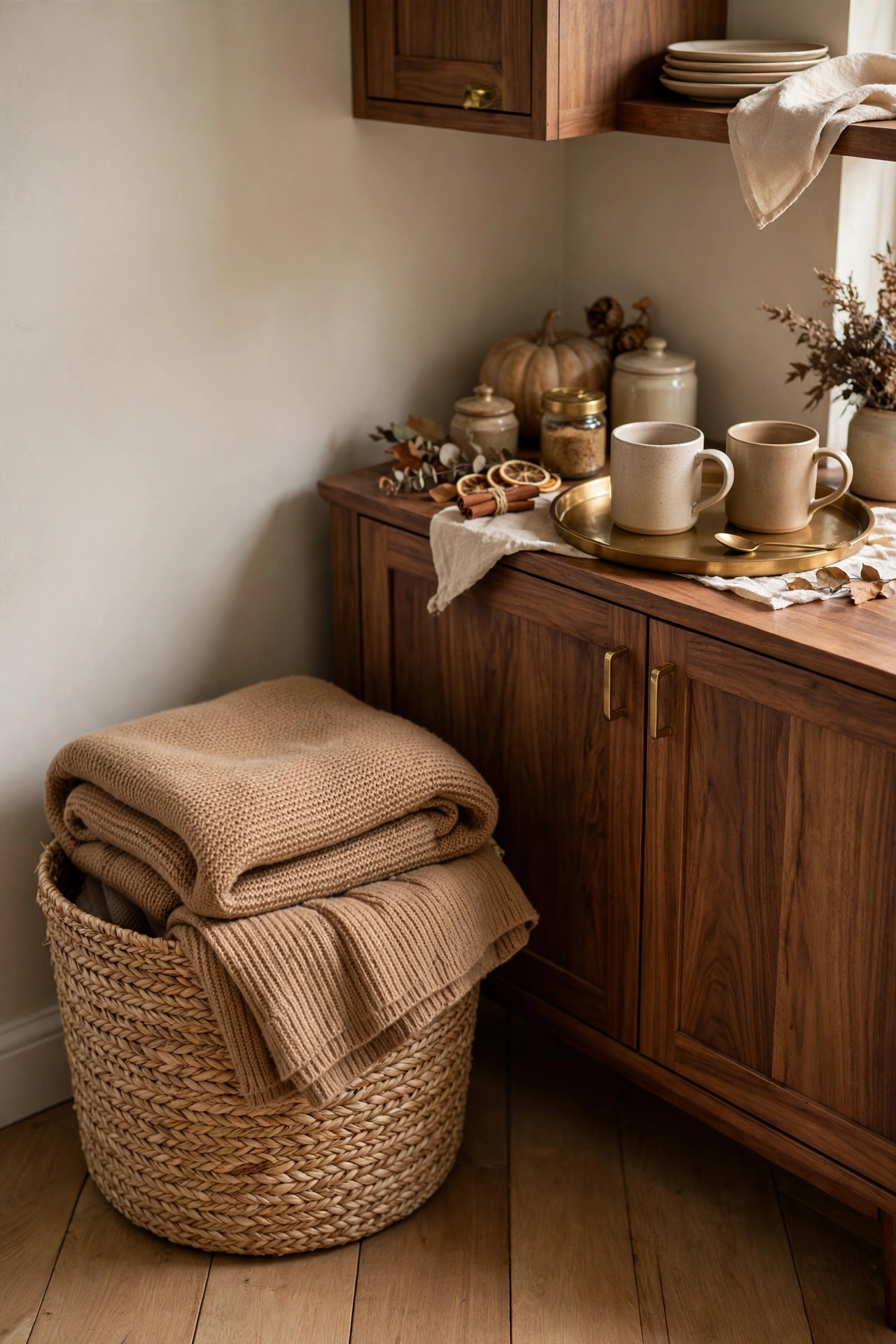 Woven basket holding a folded camel throw blanket next to a coffee bar sideboard.