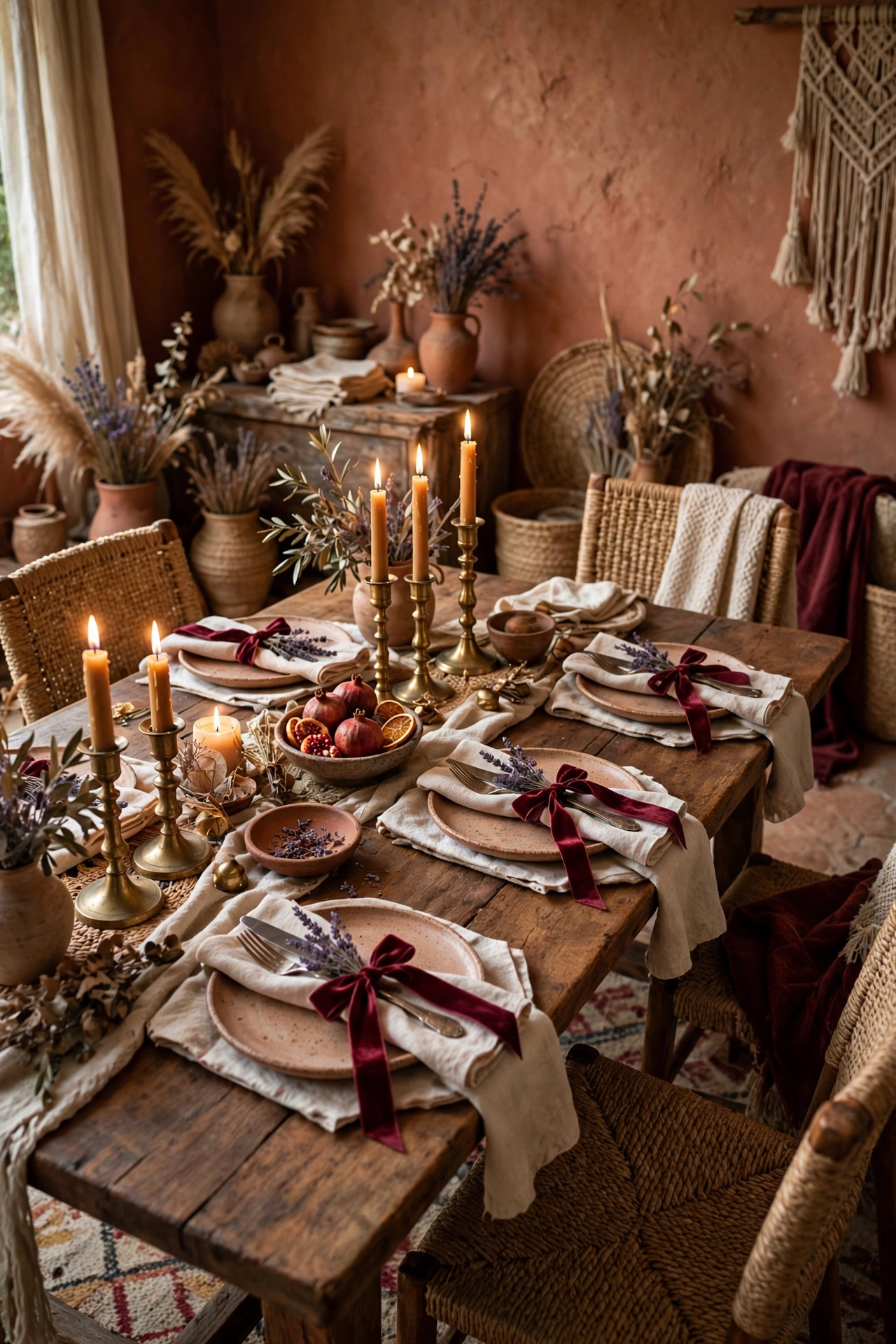 Bohemian dining room with cutlery bundles tied in burgundy velvet ribbon at each place setting.