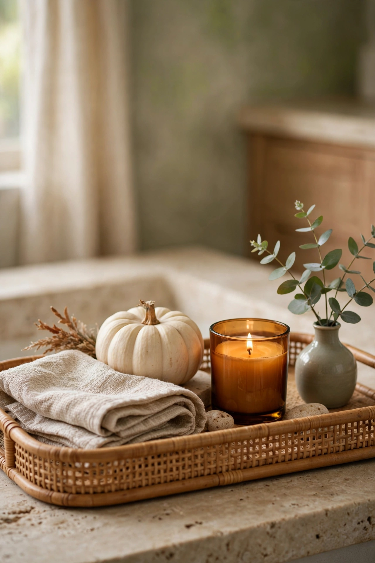 Mini white pumpkin on a styled bathroom vanity tray