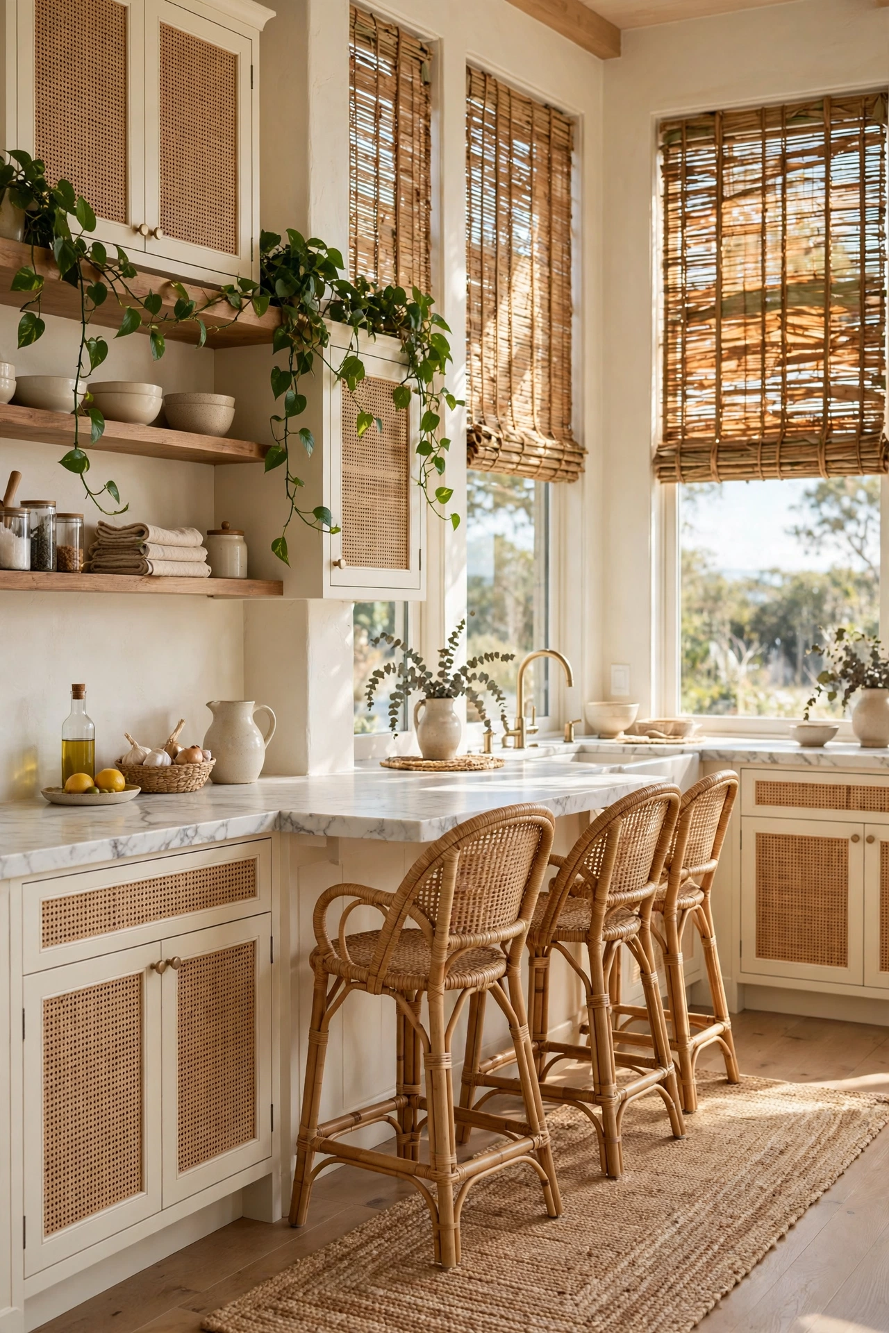 Cream coastal kitchen with cane webbing cabinet fronts, rattan stools and banana leaf shutters.