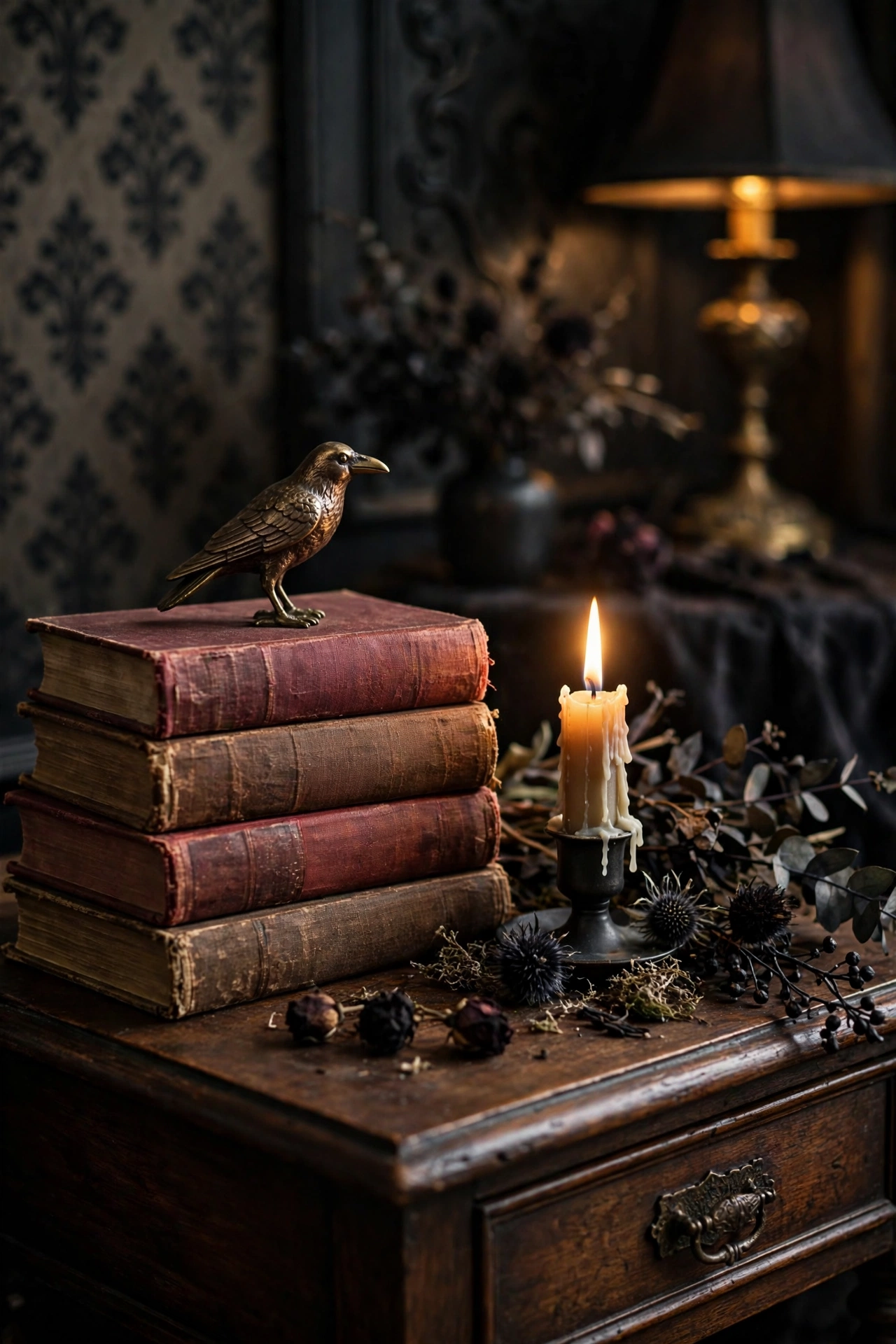 Stack of vintage clothbound books topped with a small brass crow figurine.