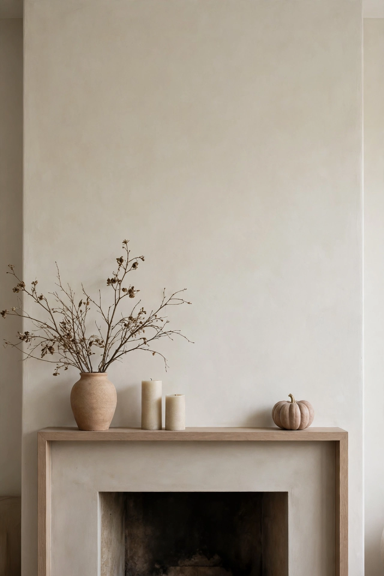 Fall mantel with intentional negative space, just a linen runner and one small pumpkin on the bare section.