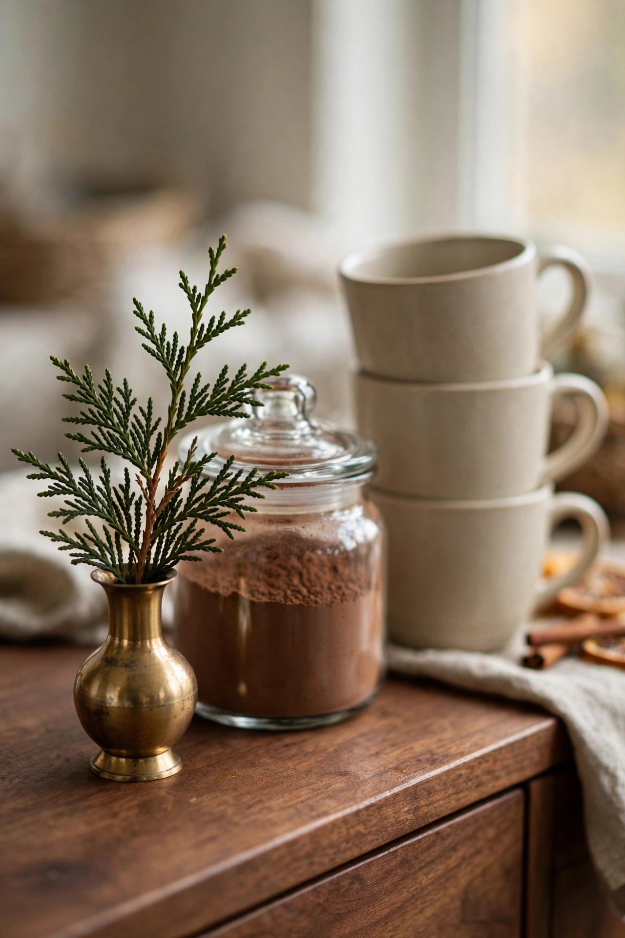 Sprig of cedar in a tiny brass bud vase on a warm wood coffee bar.