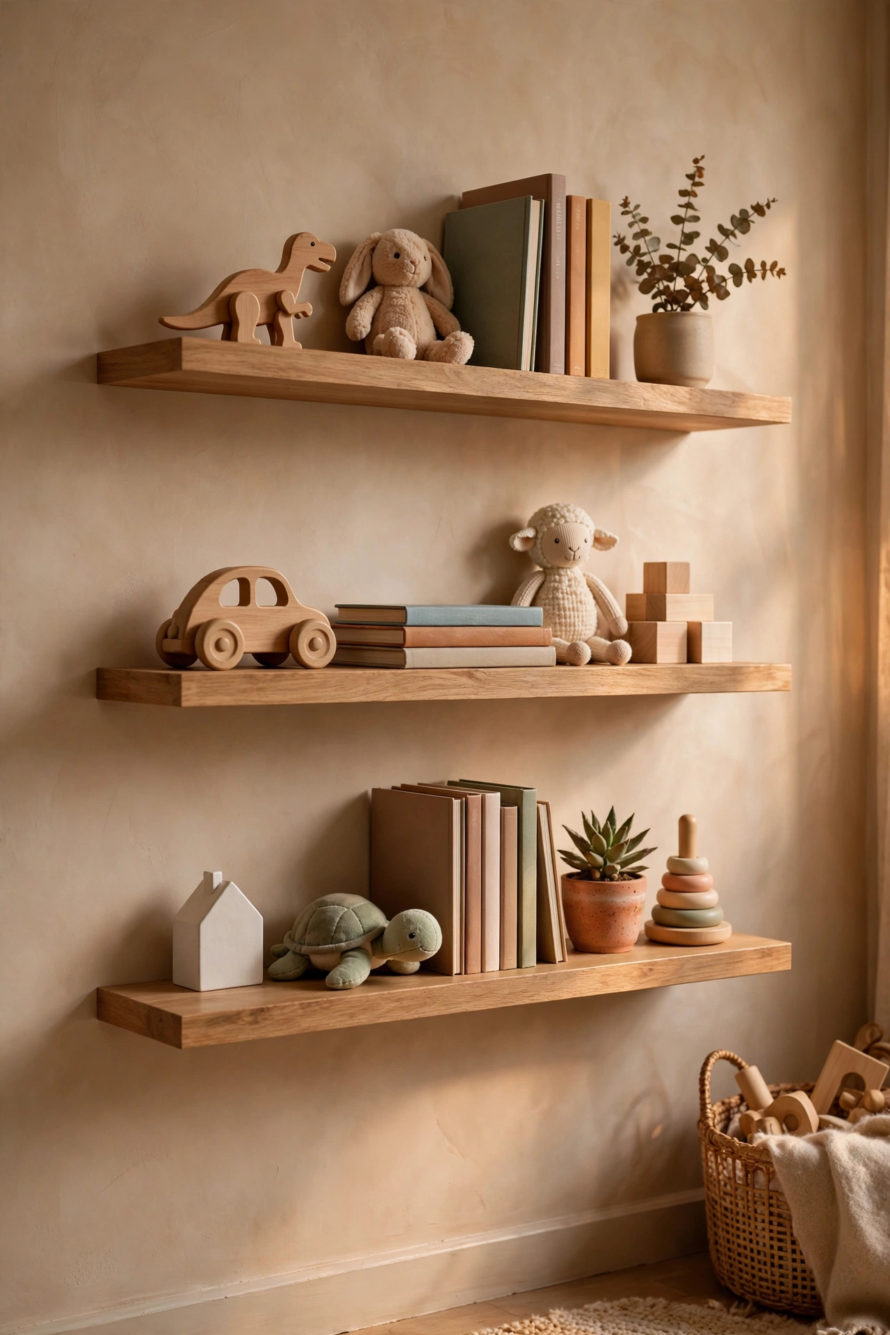 Living room wall with floating shelves displaying a curated rotation of favorite toys.
