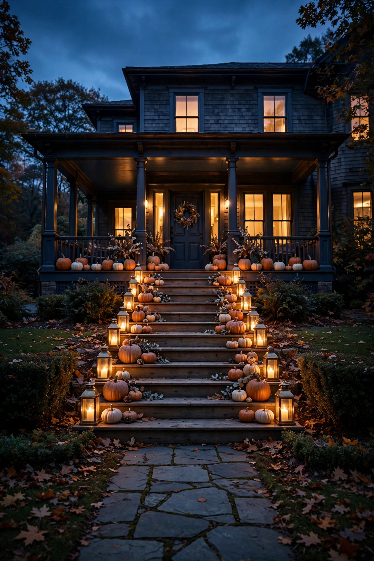 Whole front porch glowing at dusk viewed from the walkway, lantern lit steps and amber windows.