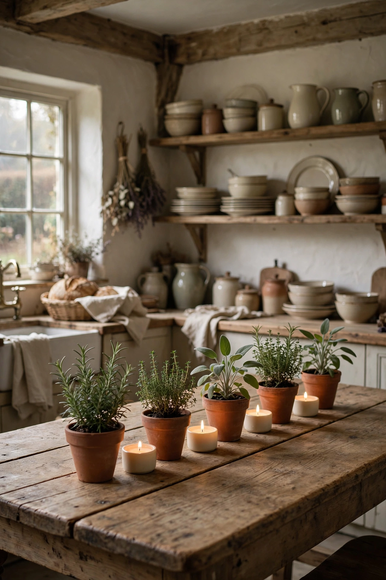 Cottage kitchen dining table with small terracotta pots of rosemary and sage as the Thanksgiving centerpiece.