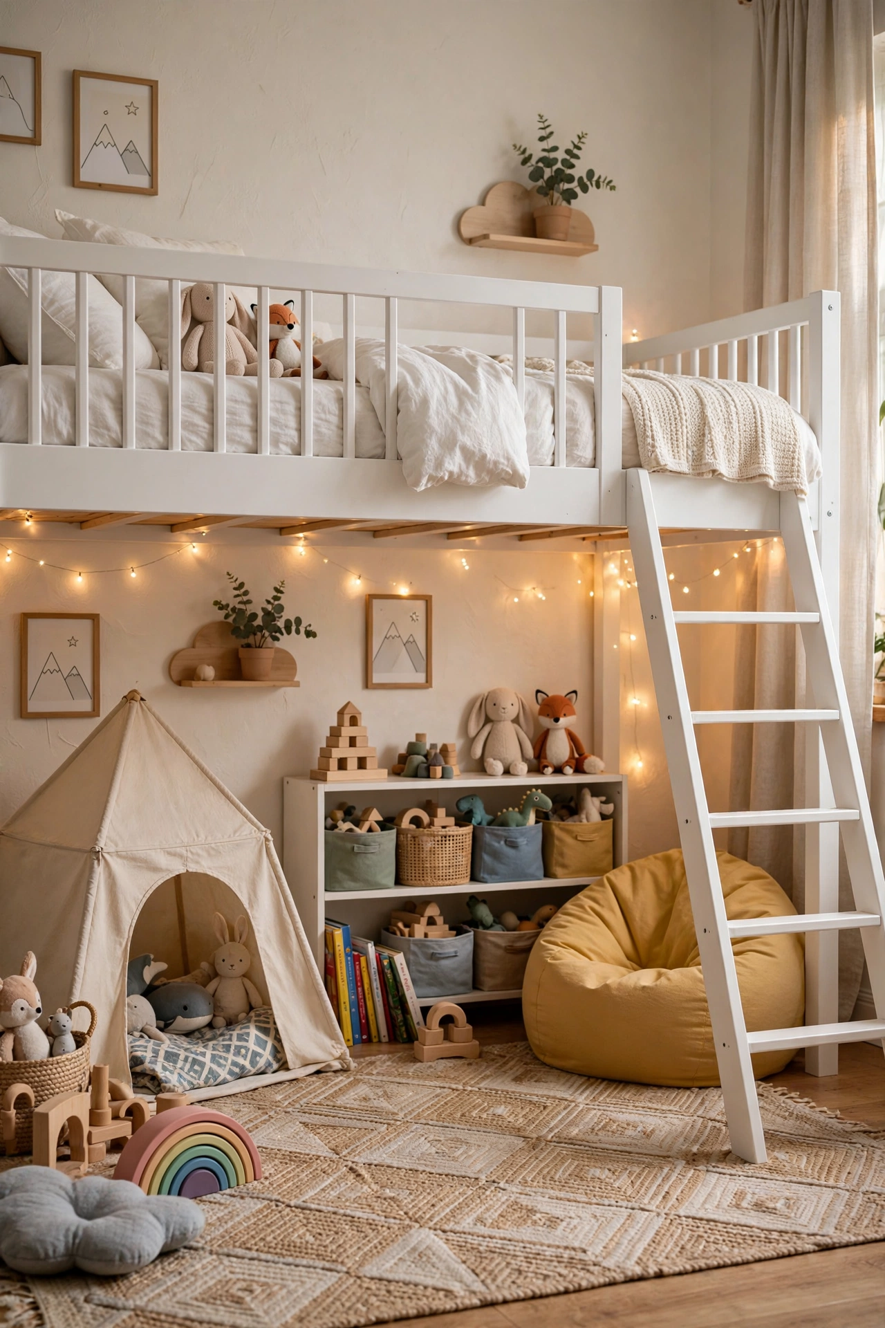 Kids bedroom with a white loft bed and a play zone underneath with a bookshelf of toy bins, a bean bag, and a play tent.